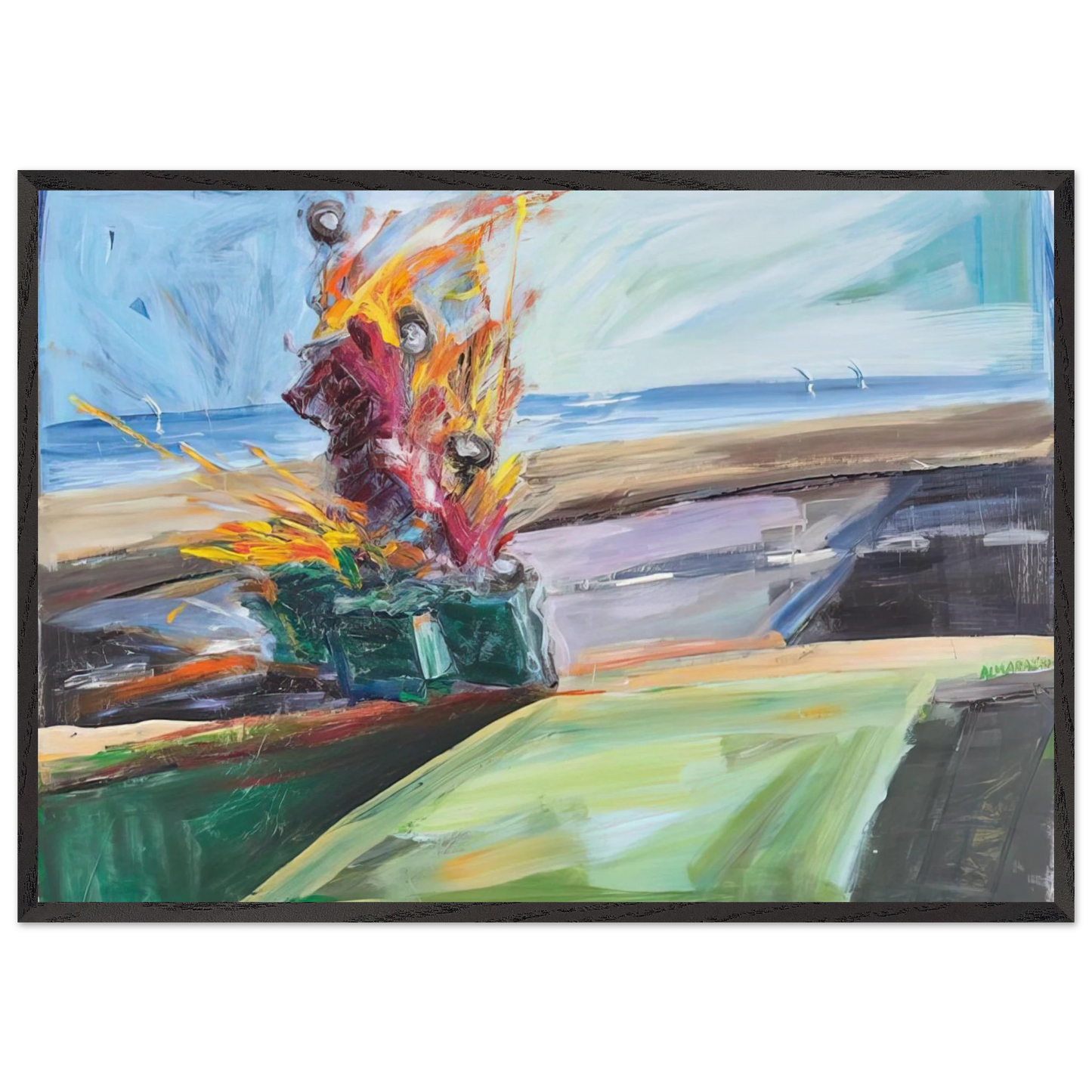 Untitled Car Crash - 1987 - Carlos Almaraz 70x100 cm / 28x40 inches Framed Art Print – Black Wooden Frame