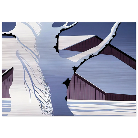Red Barn and Tree Trunk - Eyvind Earle Brushed Aluminum Print - 70x100 cm / 28x40 inches | Eyvind Earle Aluminum Print | Eyvind Earle Prints