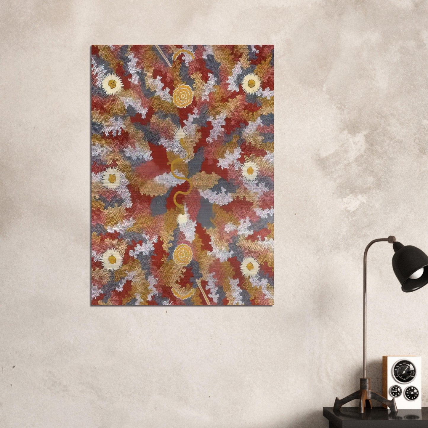 Men's Corroborie - 1990 - Clifford Possum Tjapaltjarri Brushed Aluminum Print - 70x100 cm / 28x40 inches | Clifford Possum Tjapaltjarri Aluminum Print | Clifford Possum Tjapaltjarri Prints