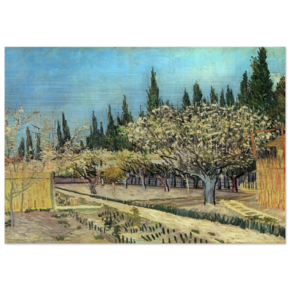 Orchard in Blossom, Bordered by Cypresses - Vincent van Gogh Brushed Aluminum Print - 70x100 cm / 28x40 inches | Vincent van Gogh Aluminum Print | Vincent van Gogh Prints