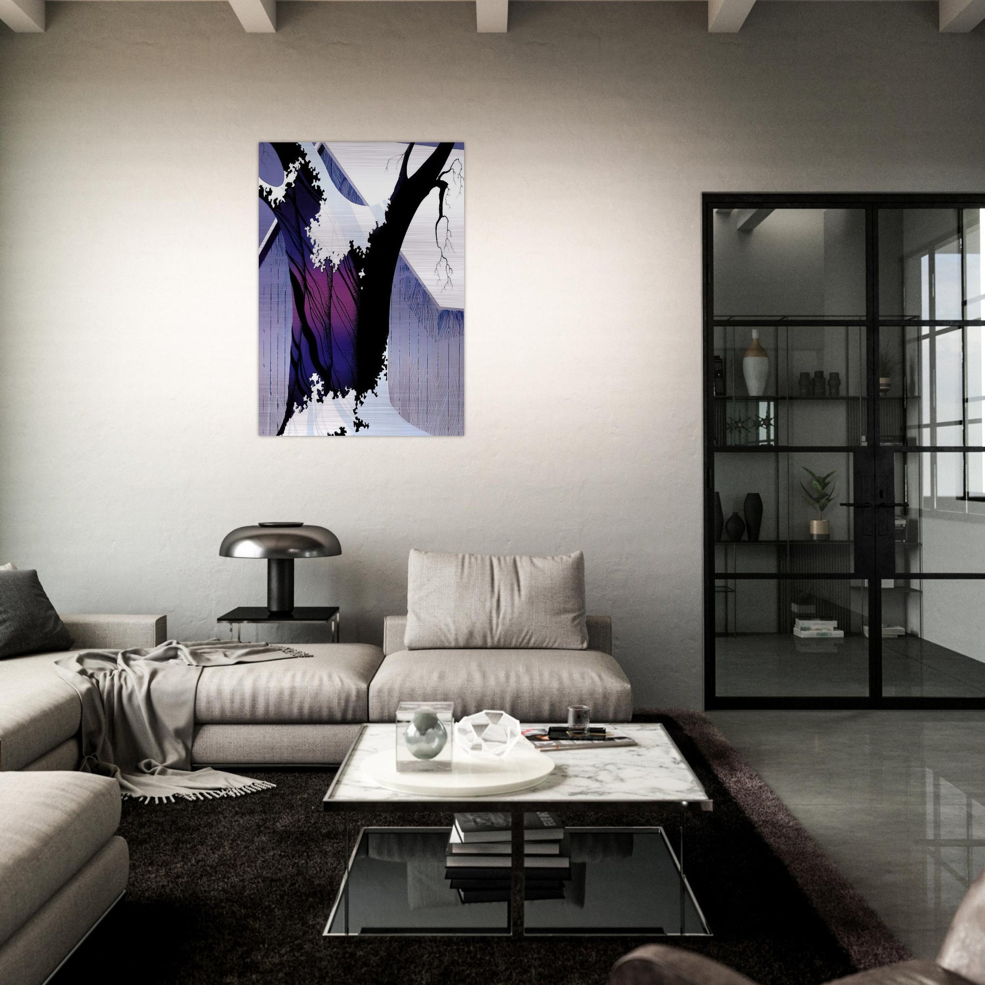 Violet Tree and Barn - Eyvind Earle Brushed Aluminum Print - 70x100 cm / 28x40 inches | Eyvind Earle Aluminum Print | Eyvind Earle Prints
