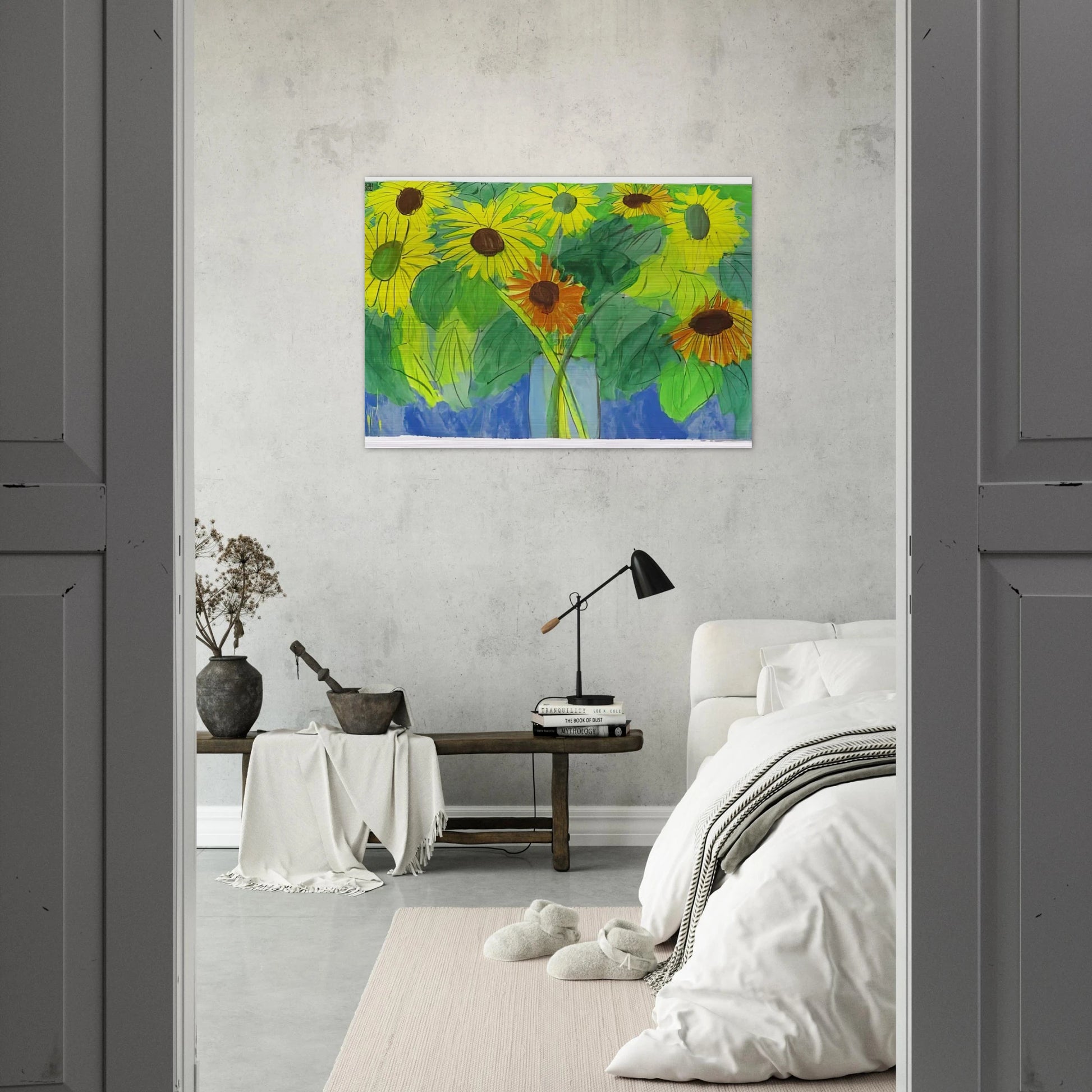 Orange and Yellow Sunflowers - Naïve Art Primitivism, Pop Art - Walasse Ting Brushed Aluminum Print - 70x100 cm / 28x40 inches | Walasse Ting Aluminum Print | Walasse Ting Prints