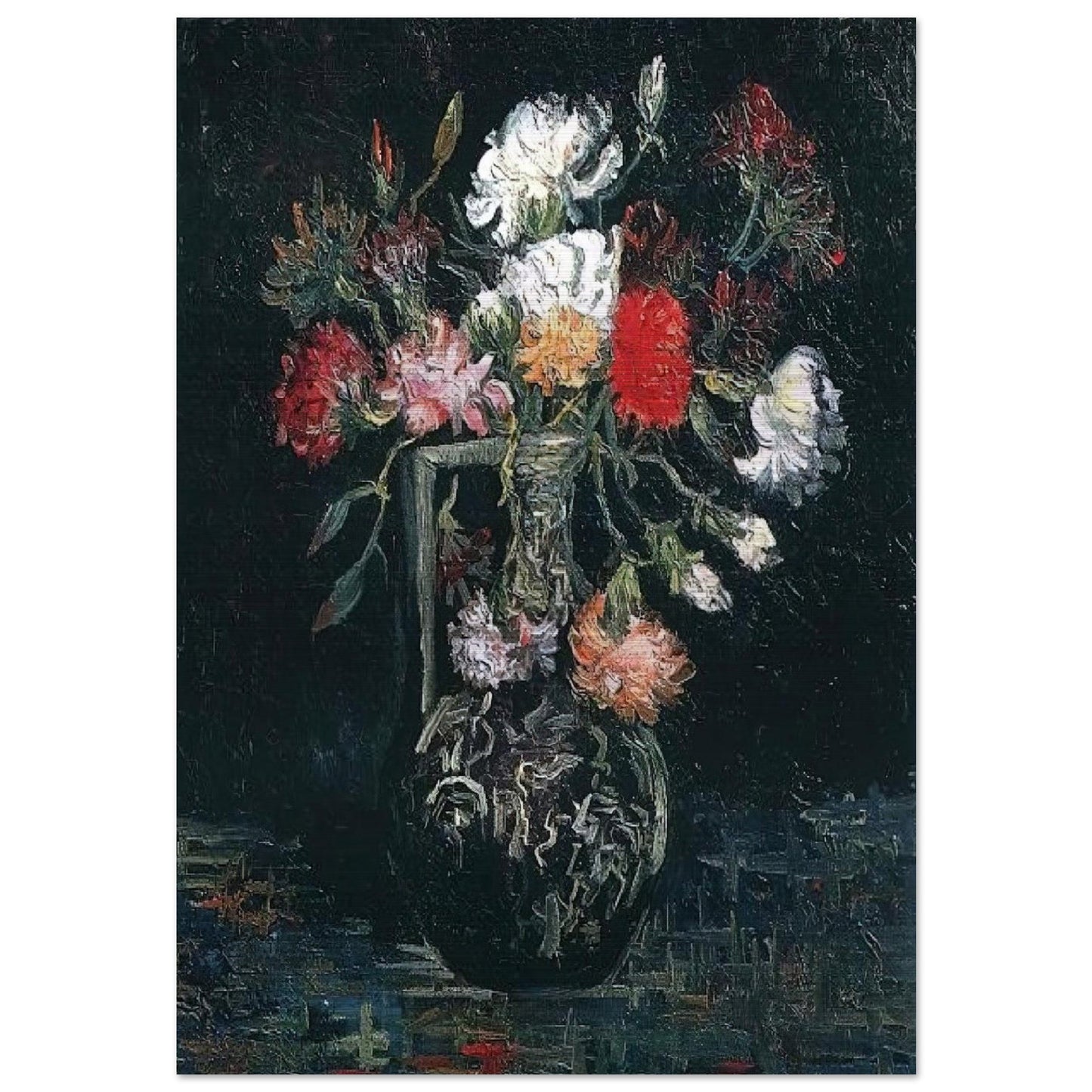 Vase with White and Red Carnations - Vincent van Gogh Brushed Aluminum Print - 70x100 cm / 28x40 inches | Vincent van Gogh Aluminum Print | Vincent van Gogh Prints
