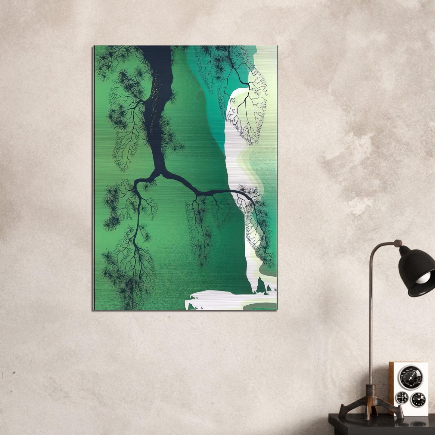Sea Cliffs and Pine Branch - Eyvind Earle Brushed Aluminum Print - 70x100 cm / 28x40 inches | Eyvind Earle Aluminum Print | Eyvind Earle Prints