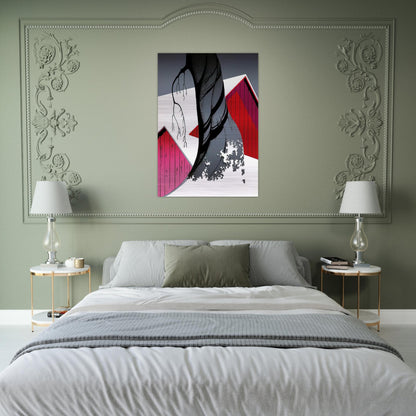 Red Barn and Grey Sky - Eyvind Earle Brushed Aluminum Print - 70x100 cm / 28x40 inches | Eyvind Earle Aluminum Print | Eyvind Earle Prints