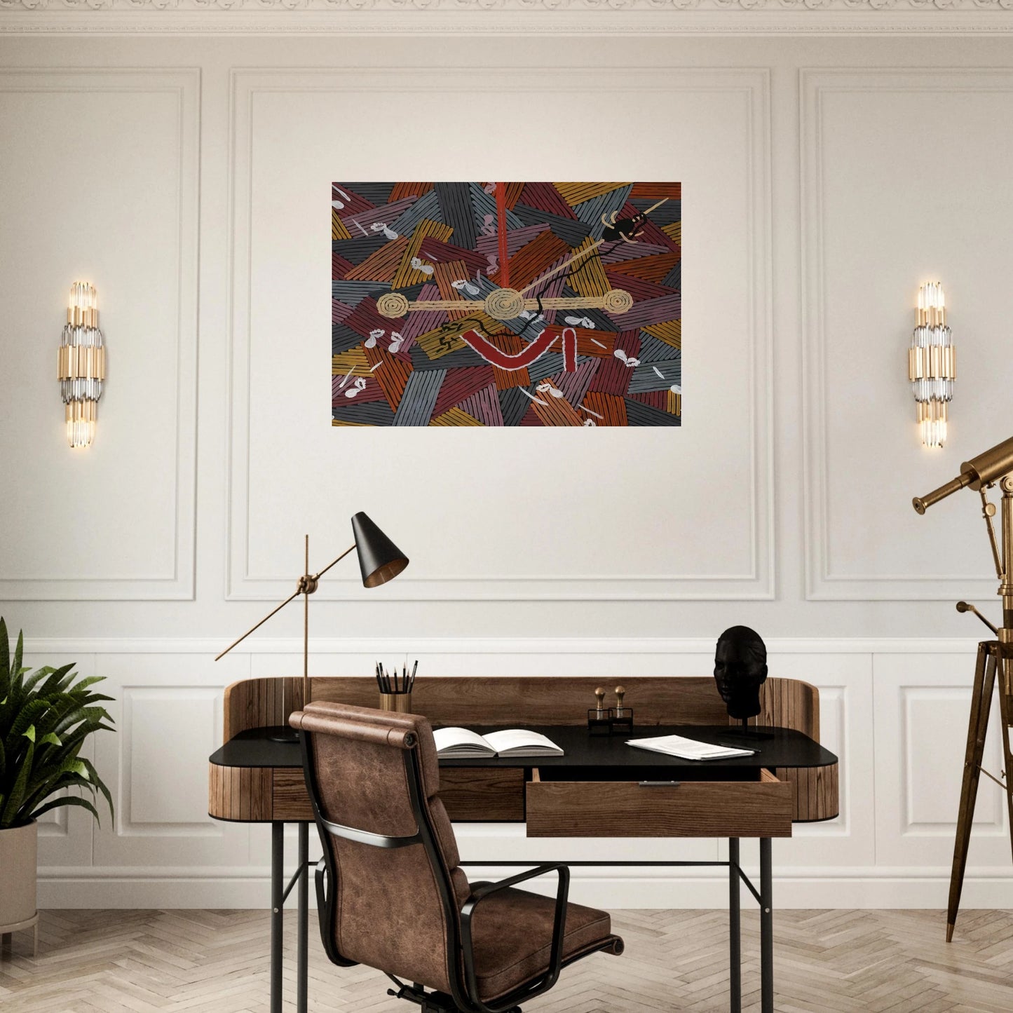 Men's Love Story - 1996 - Clifford Possum Tjapaltjarri Brushed Aluminum Print - 70x100 cm / 28x40 inches | Clifford Possum Tjapaltjarri Aluminum Print | Clifford Possum Tjapaltjarri Prints