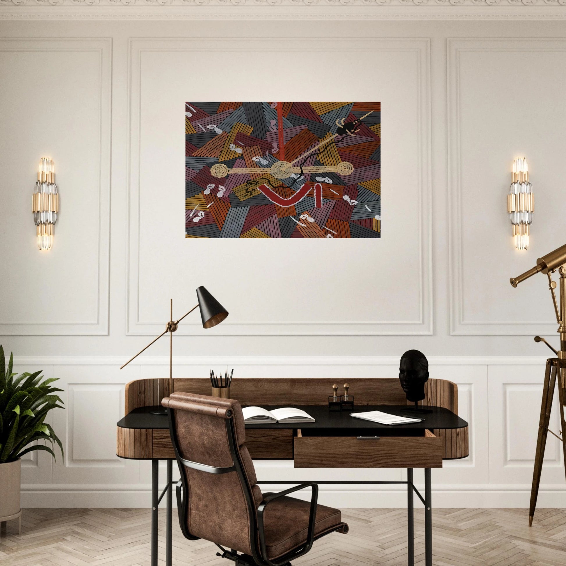 Men's Love Story - 1996 - Clifford Possum Tjapaltjarri Brushed Aluminum Print - 70x100 cm / 28x40 inches | Clifford Possum Tjapaltjarri Aluminum Print | Clifford Possum Tjapaltjarri Prints