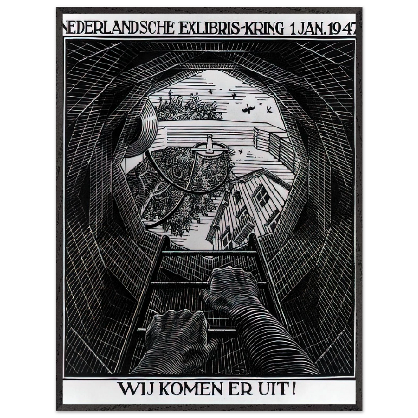 MC Escher - NEW YEAR S GREETING CARD Wall Art - 30x40 cm / 12x16 inches - Premium Wooden Framed Poster With Fine Art Paper-canvas - Black frame