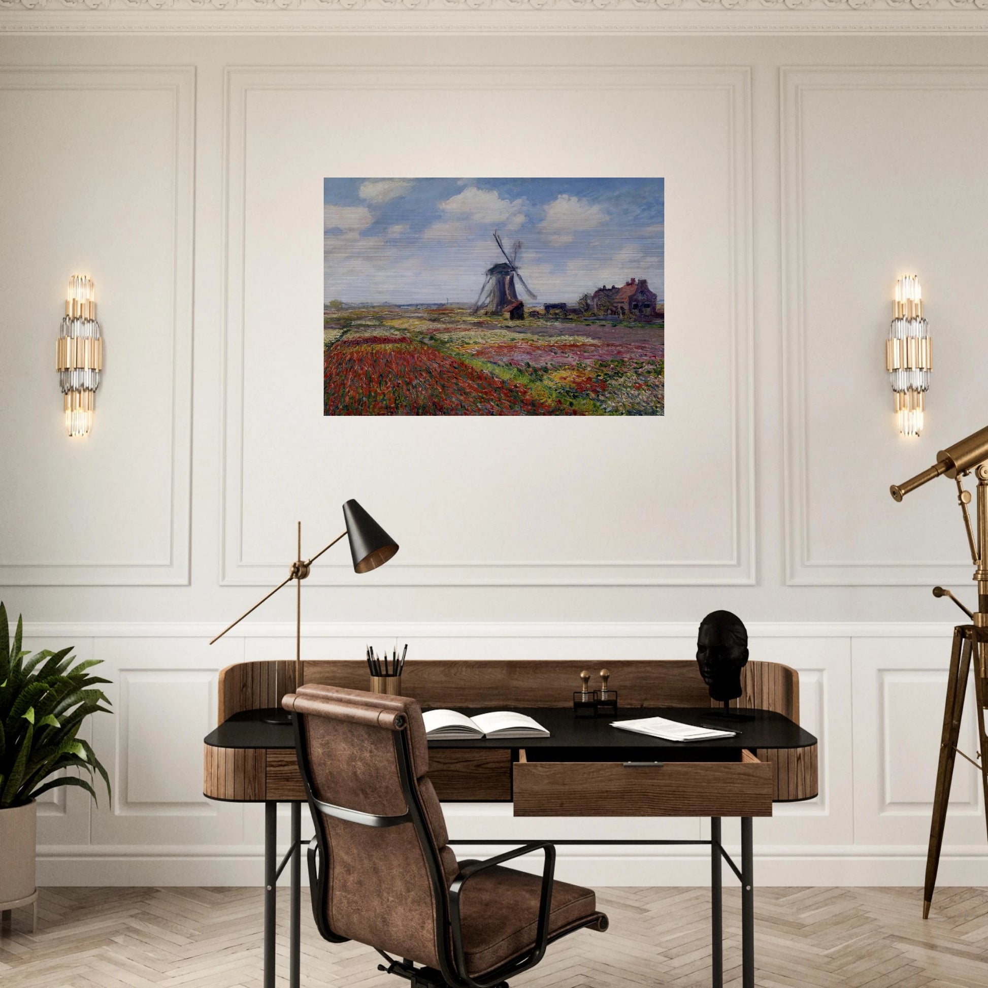 Fields of Tulip With The Rijnsburg Windmill - claude monet Brushed Aluminum Print - 70x100 cm / 28x40 inches | claude monet Aluminum Print | claude monet Prints