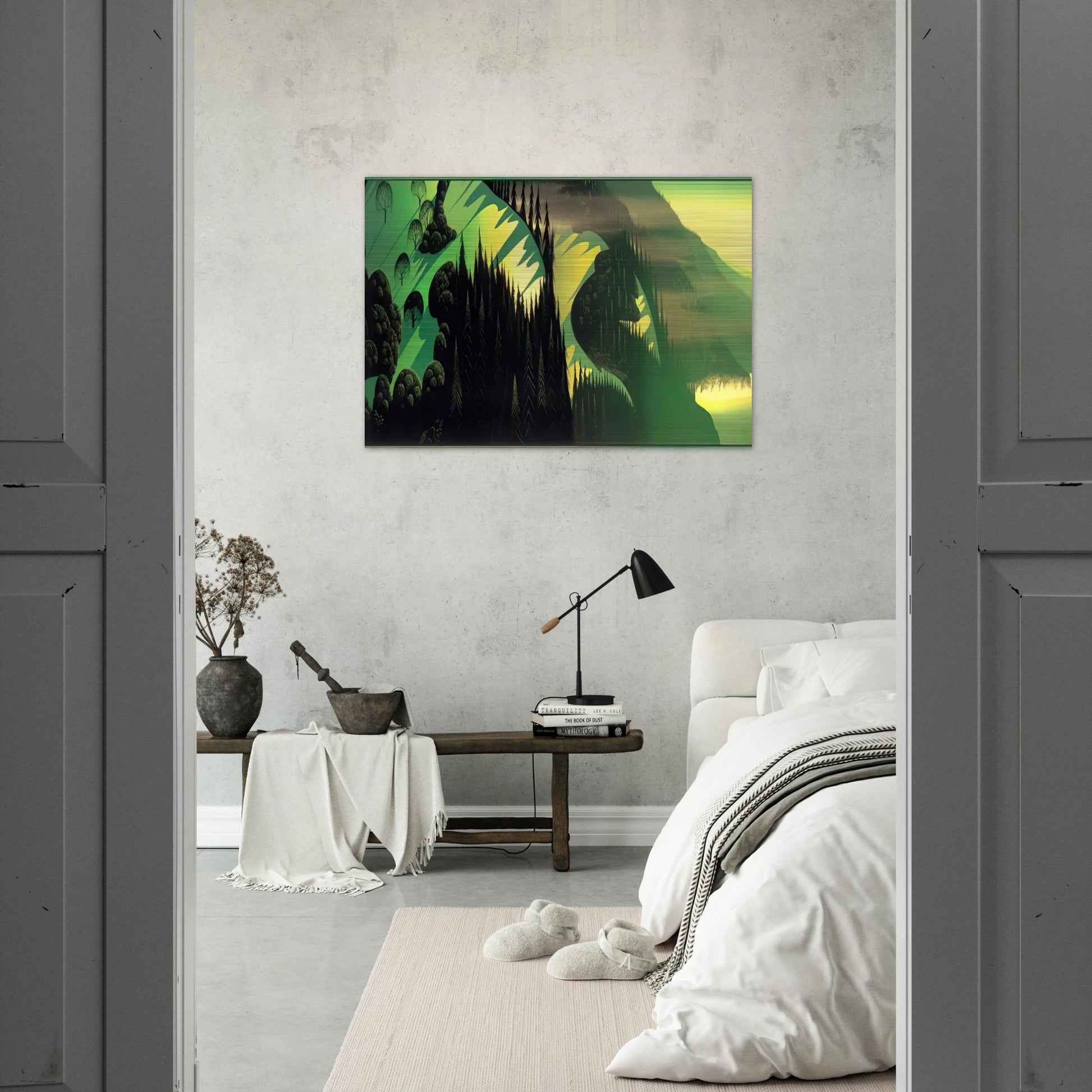 Three Pastures by the Sea - Eyvind Earle Brushed Aluminum Print - 70x100 cm / 28x40 inches | Eyvind Earle Aluminum Print | Eyvind Earle Prints