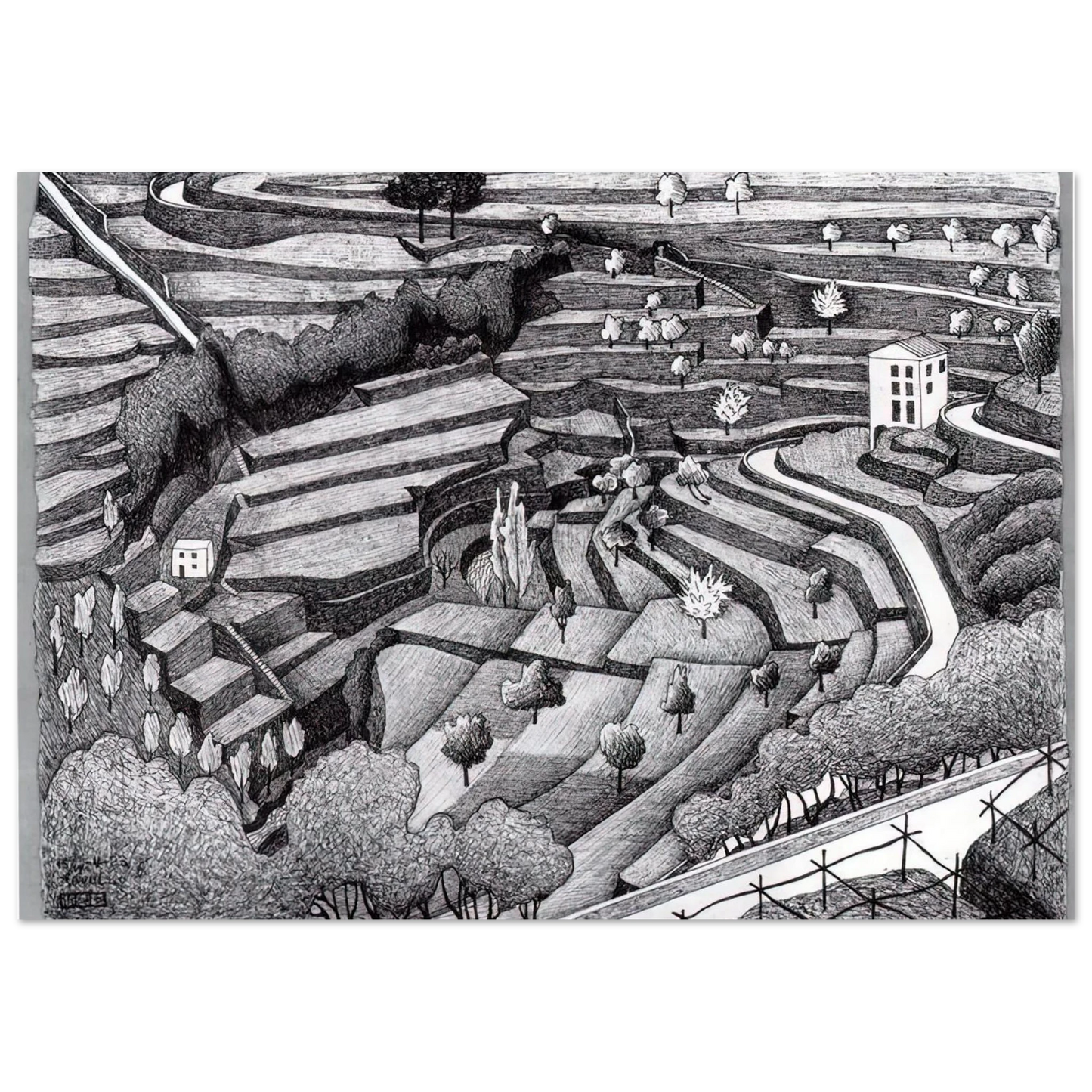 MC Escher - RAVELLO II Wall Art - 30x40 cm / 12x16 inches - Premium Wooden Framed Poster With Fine Art Paper-canvas - Black frame