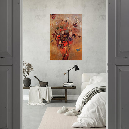 VASE WITH FLOWERS AND BUTTERFLIES - Odilon Redon Brushed Aluminum Print - 70x100 cm / 28x40 inches | Odilon Redon Aluminum Print | Odilon Redon Prints