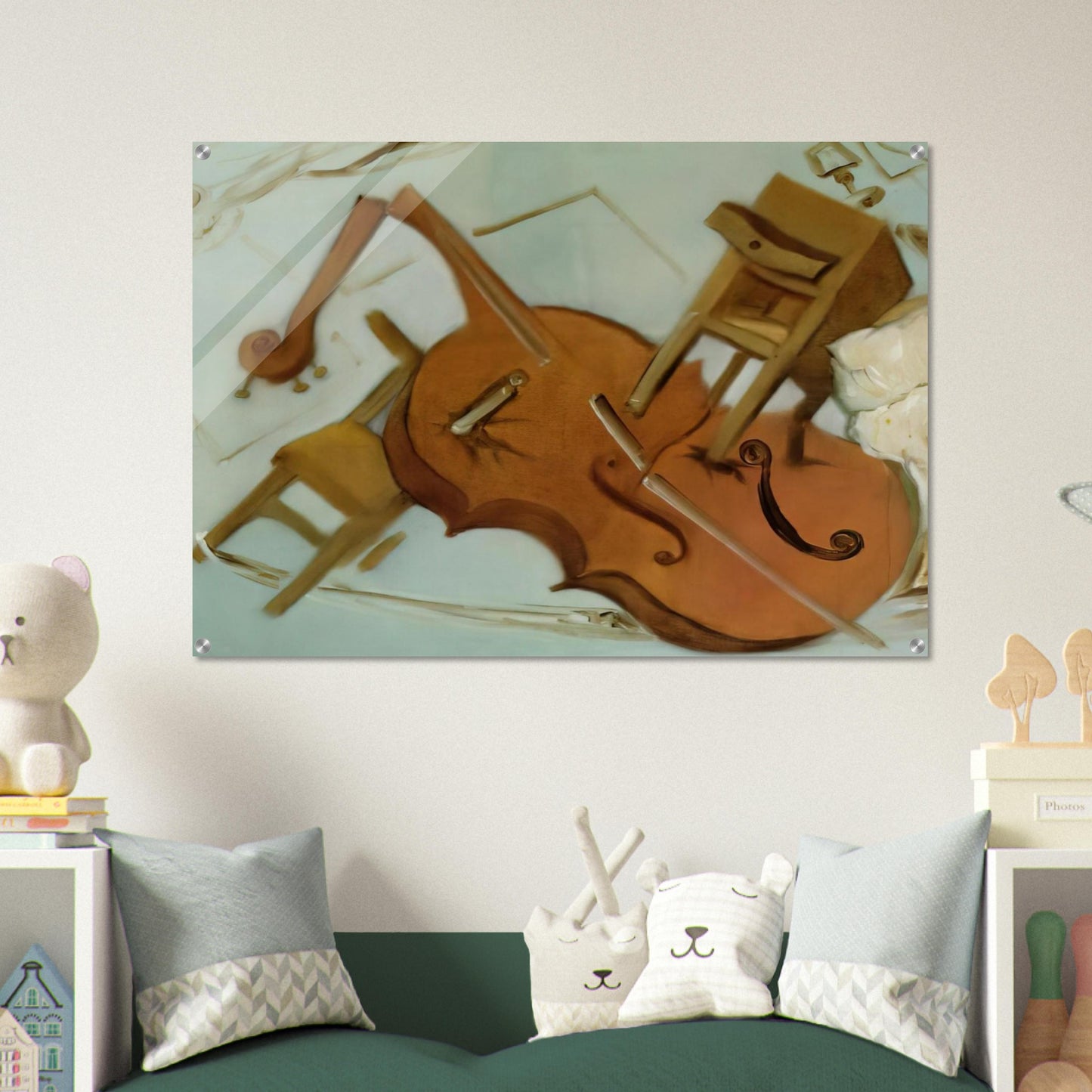 BED CHAIR AND BEDSIDE TABLE FEROCIOUSLY ATTACKING A CELLO - Salvador Dali Acrylic Print - 70x100 cm / 28x40″ inches | Salvador Dali Wall Art | Salvador Dali Prints