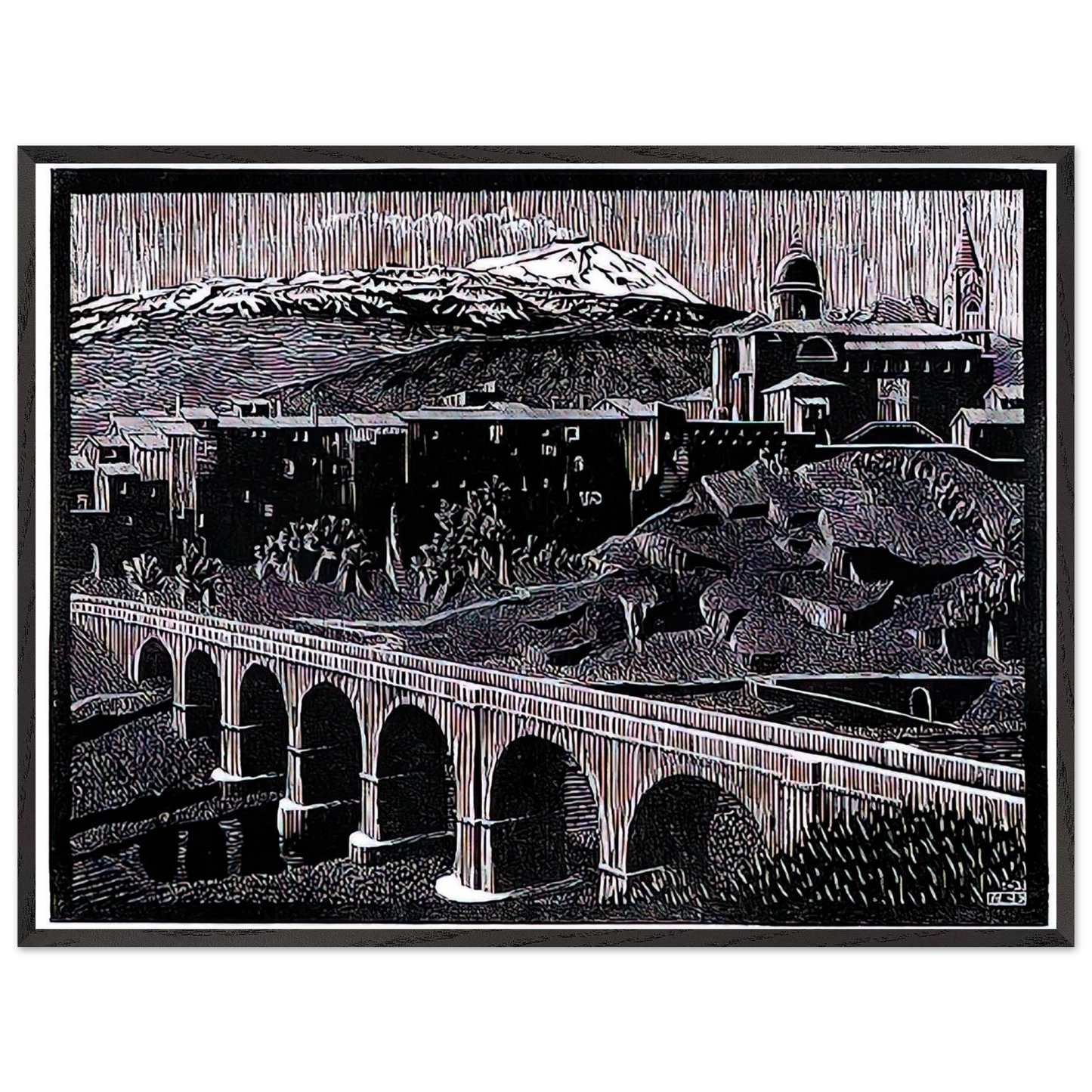 MC Escher - RANDAZZO AND MOUNT ETNA SICILY JANUARY 1933 1933 Wall Art - 60x80 cm / 24x32 inches - Premium Wooden Framed Poster With Fine Art Paper-canvas - Black frame