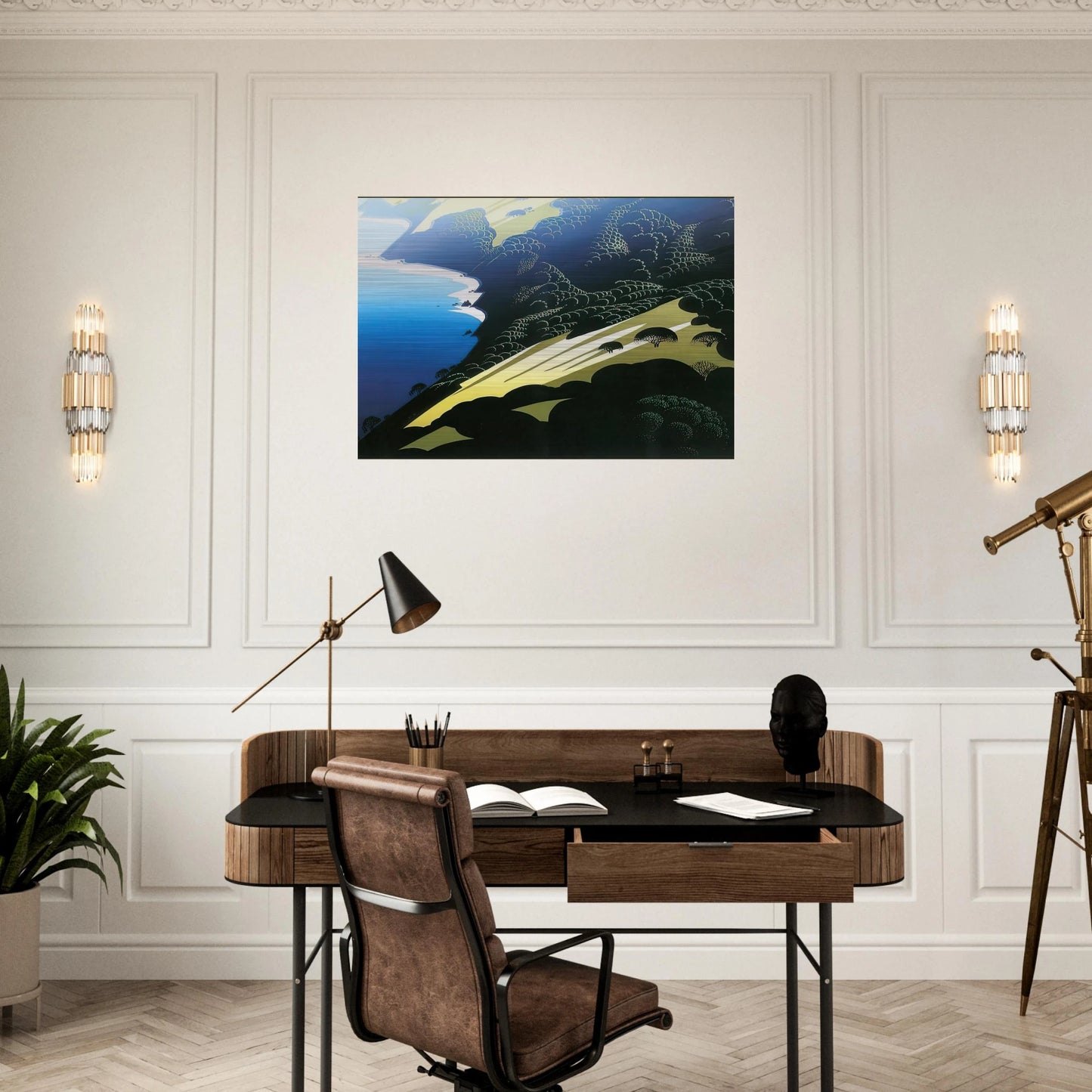 Seaside Pastures - Eyvind Earle Brushed Aluminum Print - 70x100 cm / 28x40 inches | Eyvind Earle Aluminum Print | Eyvind Earle Prints