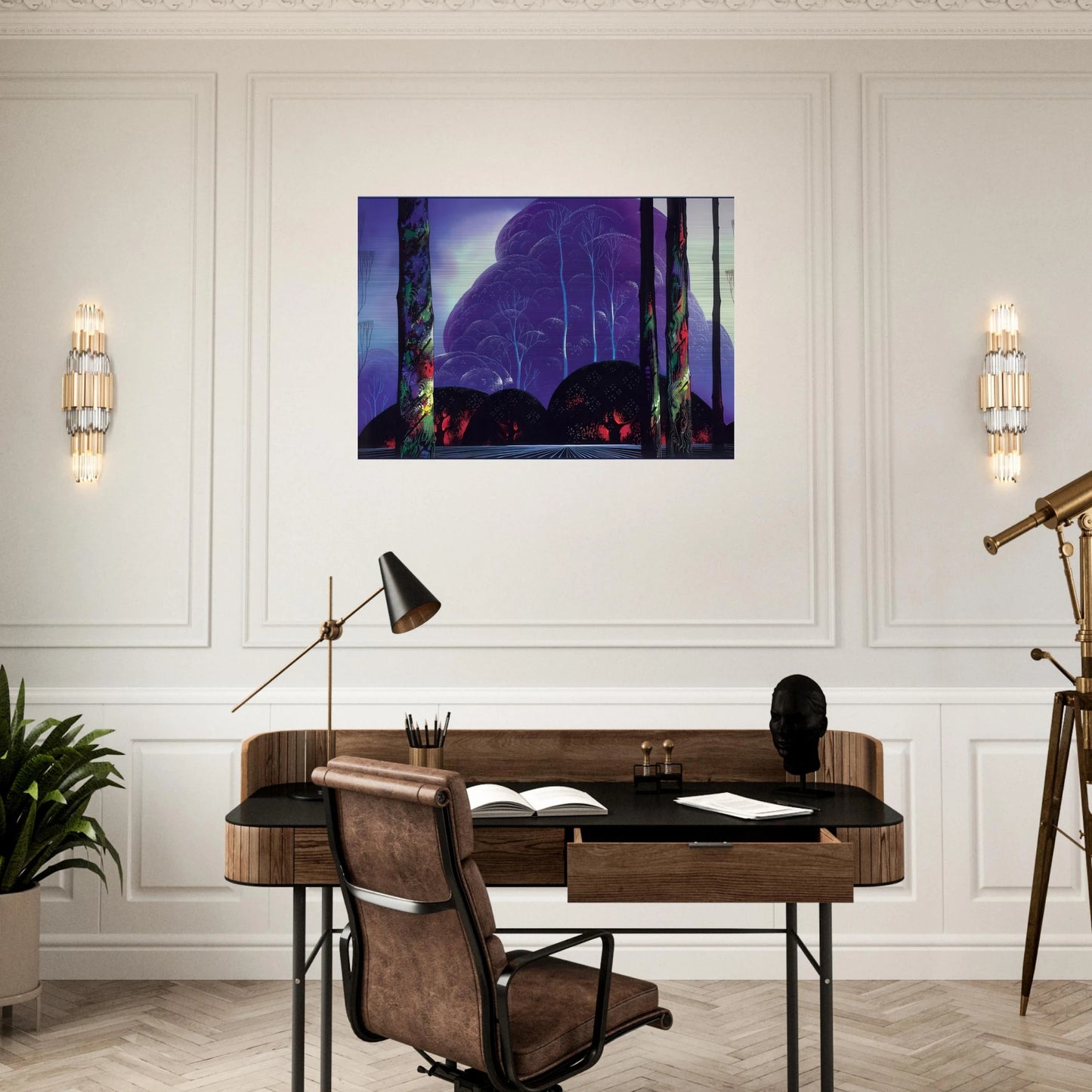 Purple Sunset - Eyvind Earle Brushed Aluminum Print - 70x100 cm / 28x40 inches | Eyvind Earle Aluminum Print | Eyvind Earle Prints