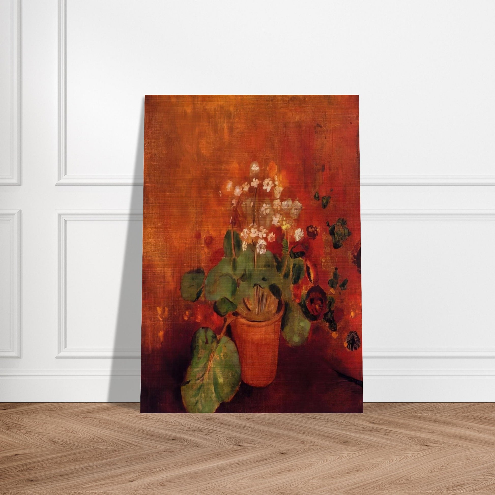 FLOWERS IN A POT ON A RED BACKGROUND - Odilon Redon Brushed Aluminum Print - 70x100 cm / 28x40 inches | Odilon Redon Aluminum Print | Odilon Redon Prints