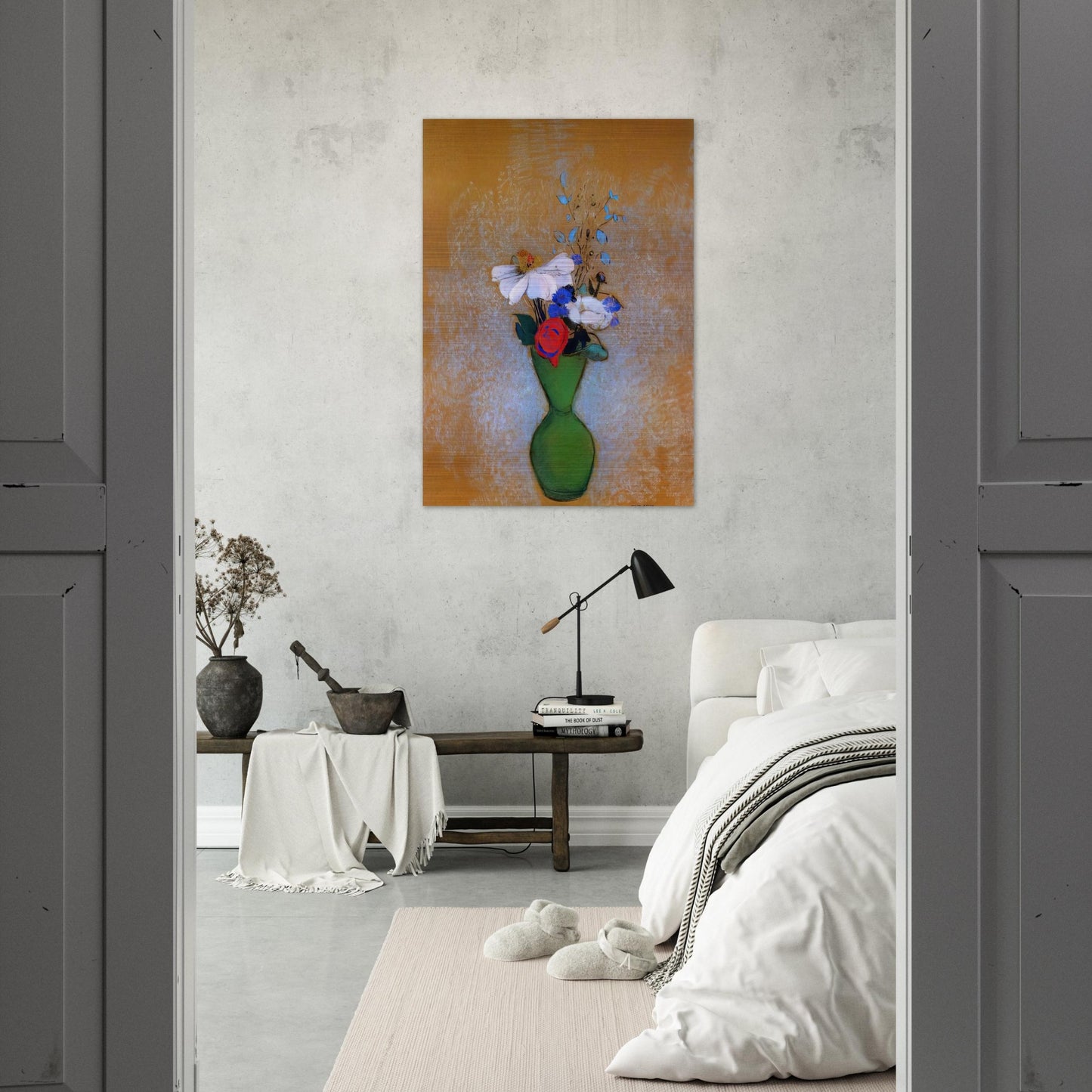 ROSE PEONY AND CORNFLOWERS IN A GREEN VASE - Odilon Redon Brushed Aluminum Print - 70x100 cm / 28x40 inches | Odilon Redon Aluminum Print | Odilon Redon Prints