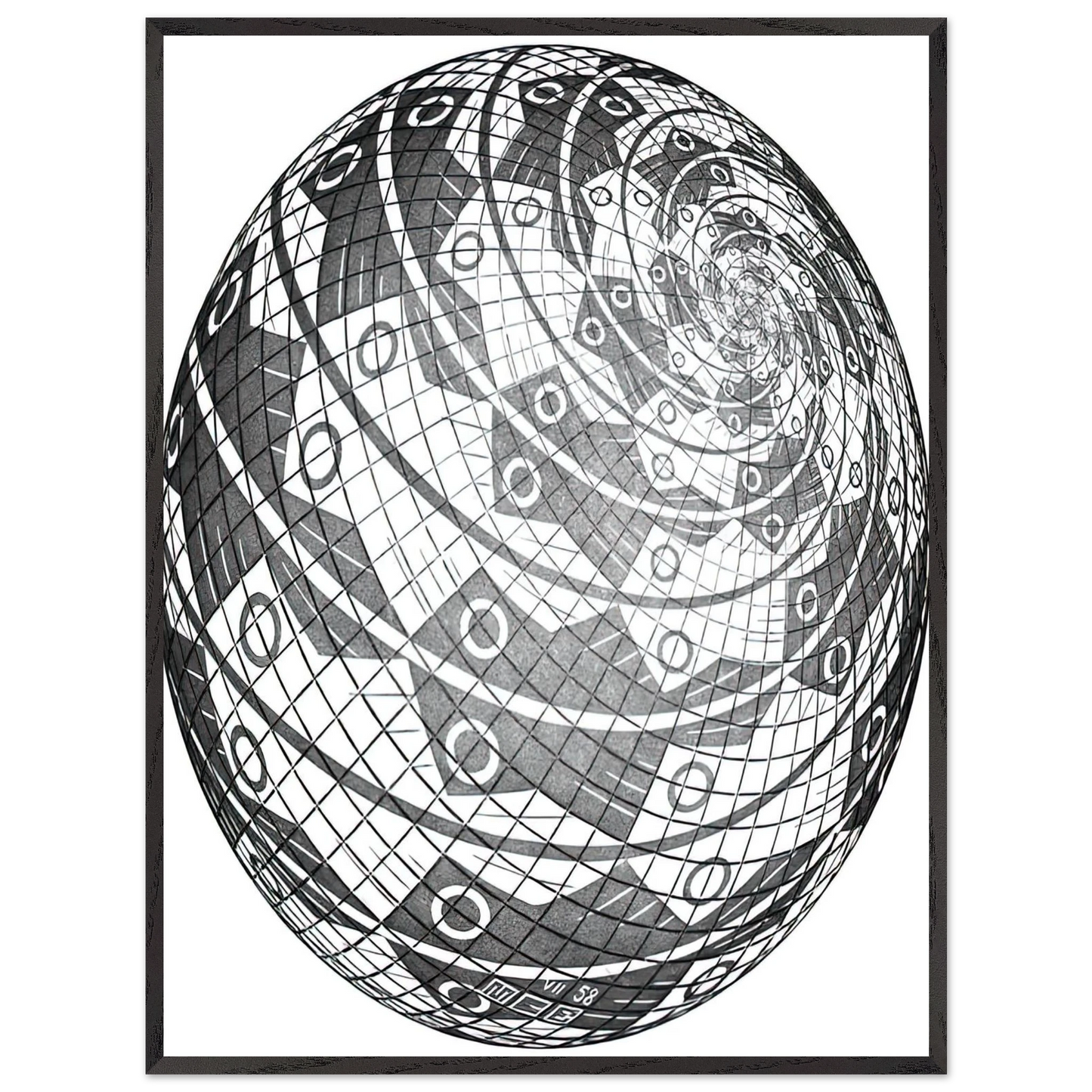 MC Escher - SPHERE SURFACE WITH FISHES Wall Art - 21x29.7 cm / 8x12" - Premium Wooden Framed Poster With Fine Art Paper-canvas - Black frame