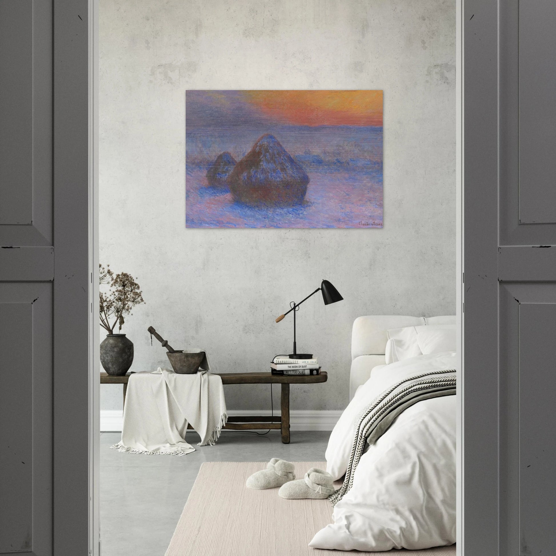 Stacks of Wheat Sunset, Snow Effect - claude monet Brushed Aluminum Print - 70x100 cm / 28x40 inches | claude monet Aluminum Print | claude monet Prints