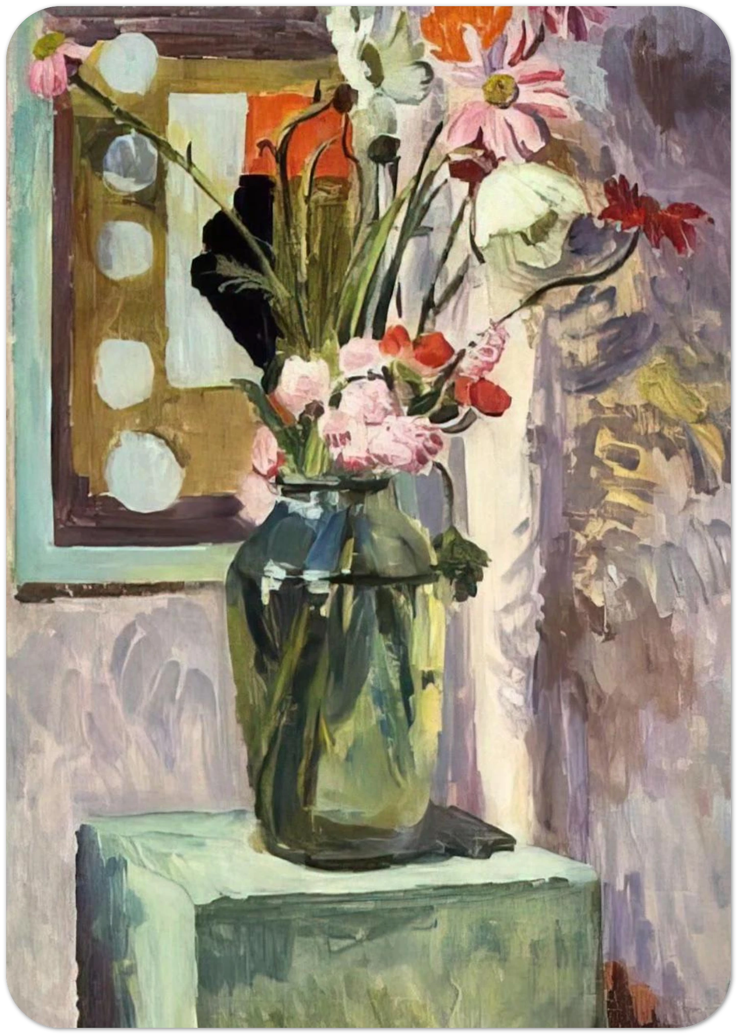 FLOWERS IN A GLASS VASE WITH ABSTRACT NEEDLEWORK DESIGN By Vanessa Bell Pack of 10 Post Cards | Vanessa Bell Post Cards | A6 (10.5 x 14.8 cm) - 4.1 x 5.8 inches