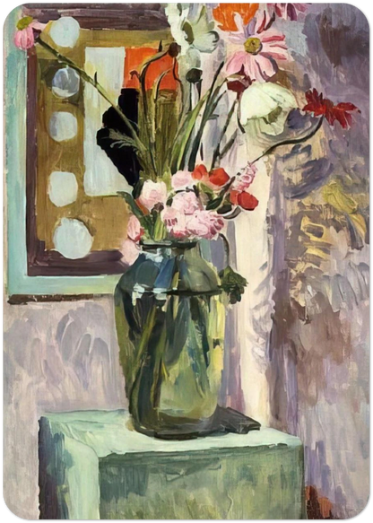 FLOWERS IN A GLASS VASE WITH ABSTRACT NEEDLEWORK DESIGN By Vanessa Bell Pack of 10 Post Cards | Vanessa Bell Post Cards | A6 (10.5 x 14.8 cm) - 4.1 x 5.8 inches