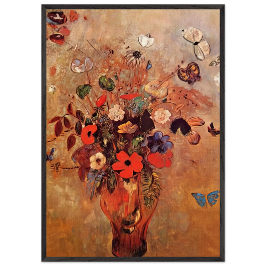 VASE WITH FLOWERS AND BUTTERFLIES - Odilon Redon 70x100 cm / 28x40 inches Framed Art Print – Black Wooden Frame