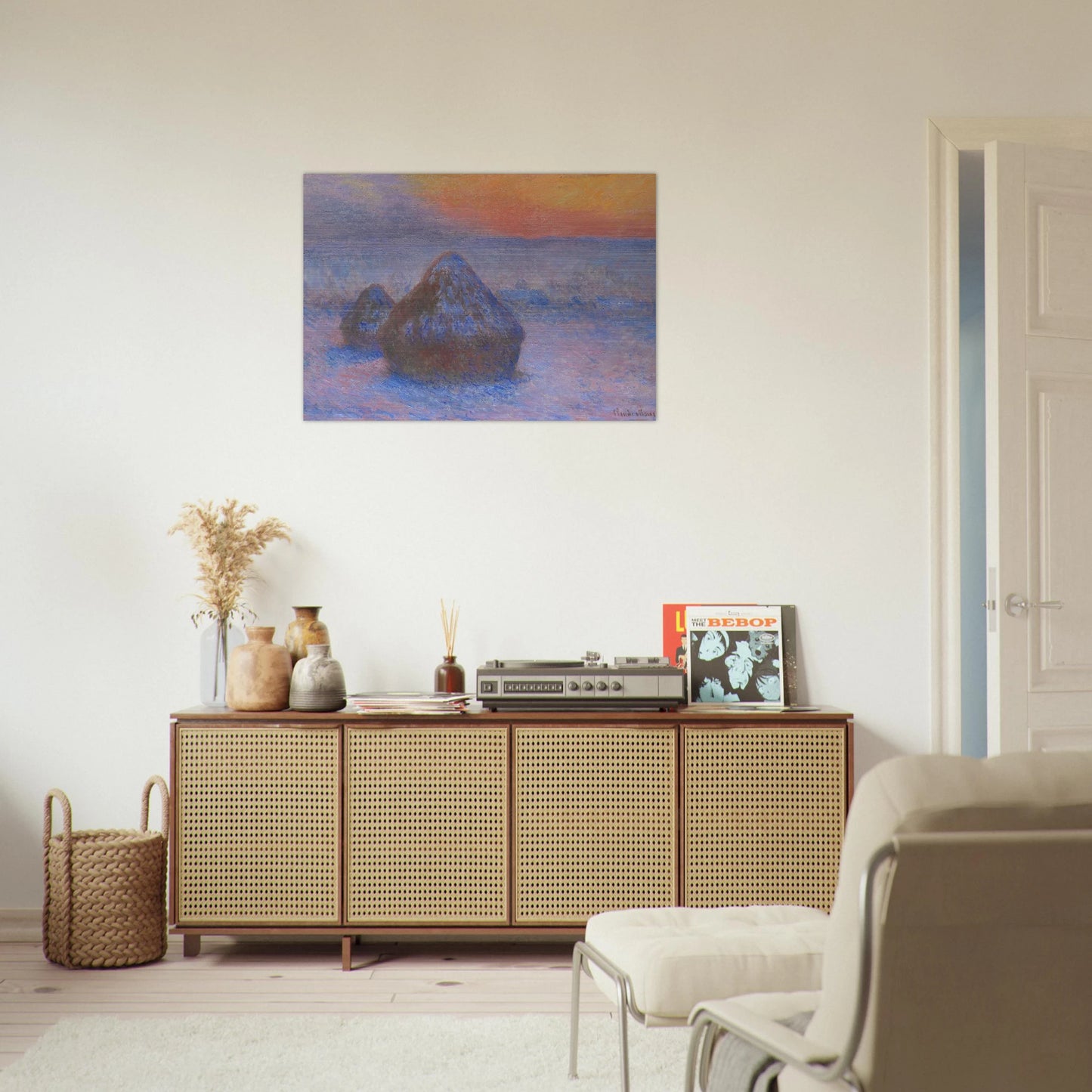 Stacks of Wheat Sunset, Snow Effect - claude monet Brushed Aluminum Print - 70x100 cm / 28x40 inches | claude monet Aluminum Print | claude monet Prints