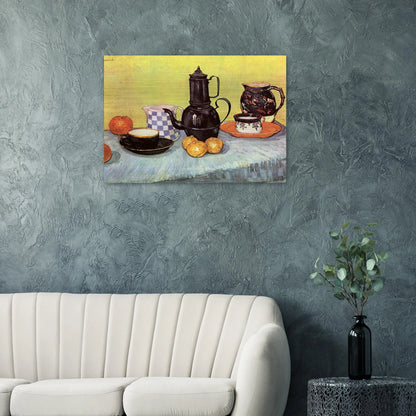 Still Life with Blue Enamel Coffeepot, Earthenware and Fruit - Vincent van Gogh Brushed Aluminum Print - 70x100 cm / 28x40 inches | Vincent van Gogh Aluminum Print | Vincent van Gogh Prints