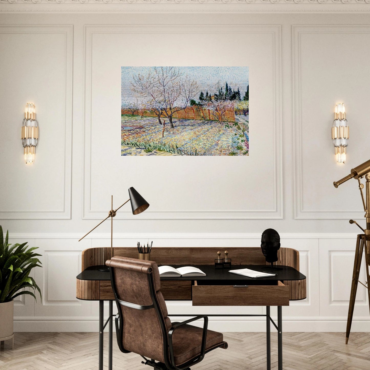 Orchard with Peach Trees in Blossom - Vincent van Gogh Brushed Aluminum Print - 70x100 cm / 28x40 inches | Vincent van Gogh Aluminum Print | Vincent van Gogh Prints