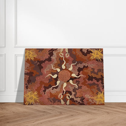 Bush Tucker and Kangaroo Dreaming at Mount Denison - 1993 - Clifford Possum Tjapaltjarri Brushed Aluminum Print - 70x100 cm / 28x40 inches | Clifford Possum Tjapaltjarri Aluminum Print | Clifford Possum Tjapaltjarri Prints