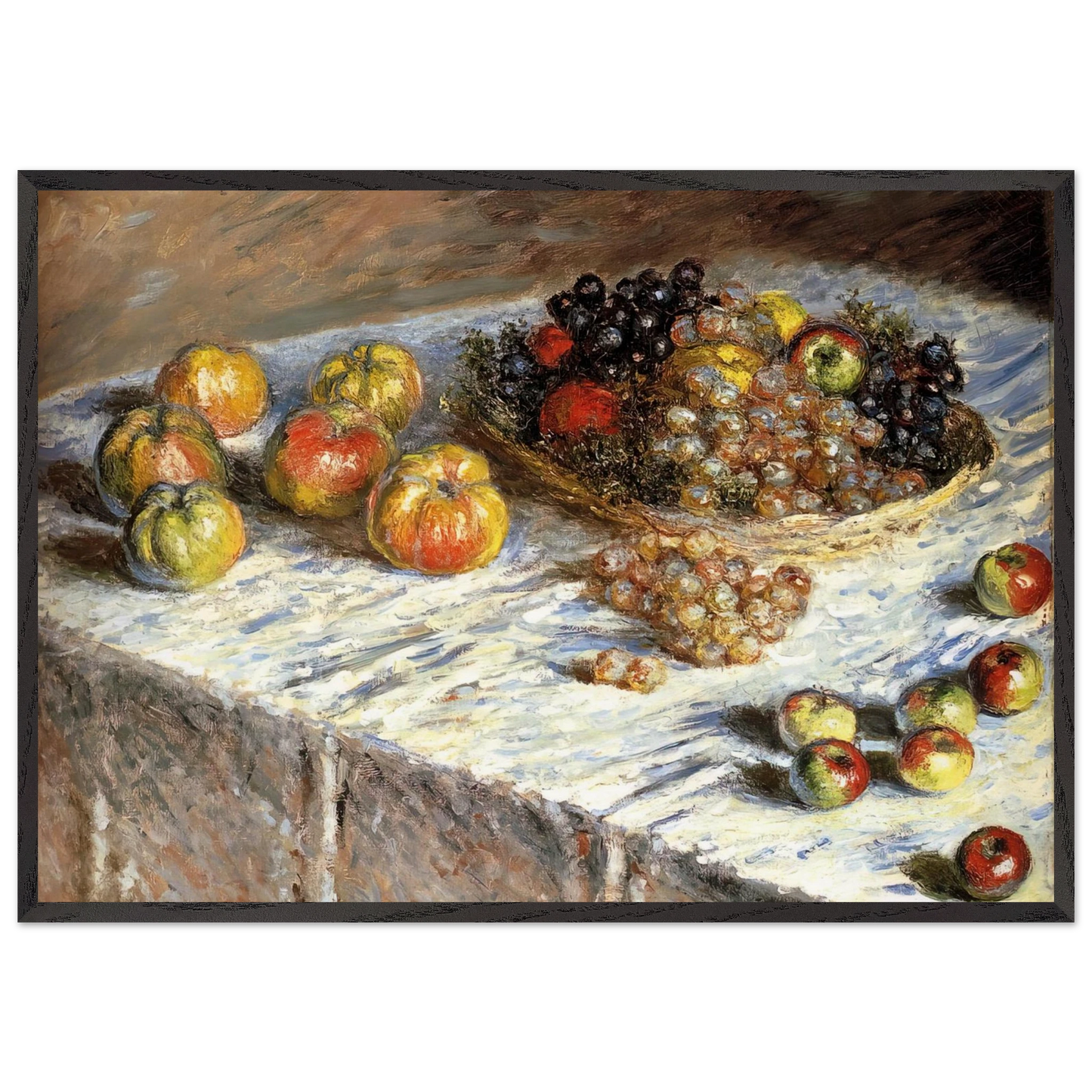 Still Life with Apples And Grapes - claude monet 70x100 cm / 28x40 inches Framed Art Print – Black Wooden Frame