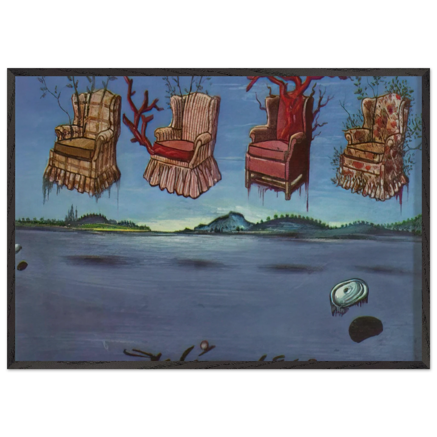 FOUR ARMCHAIRS IN THE SKY - Salvador Dali 70x100 cm / 28x40 inches Framed Art Print – Black Wooden Frame