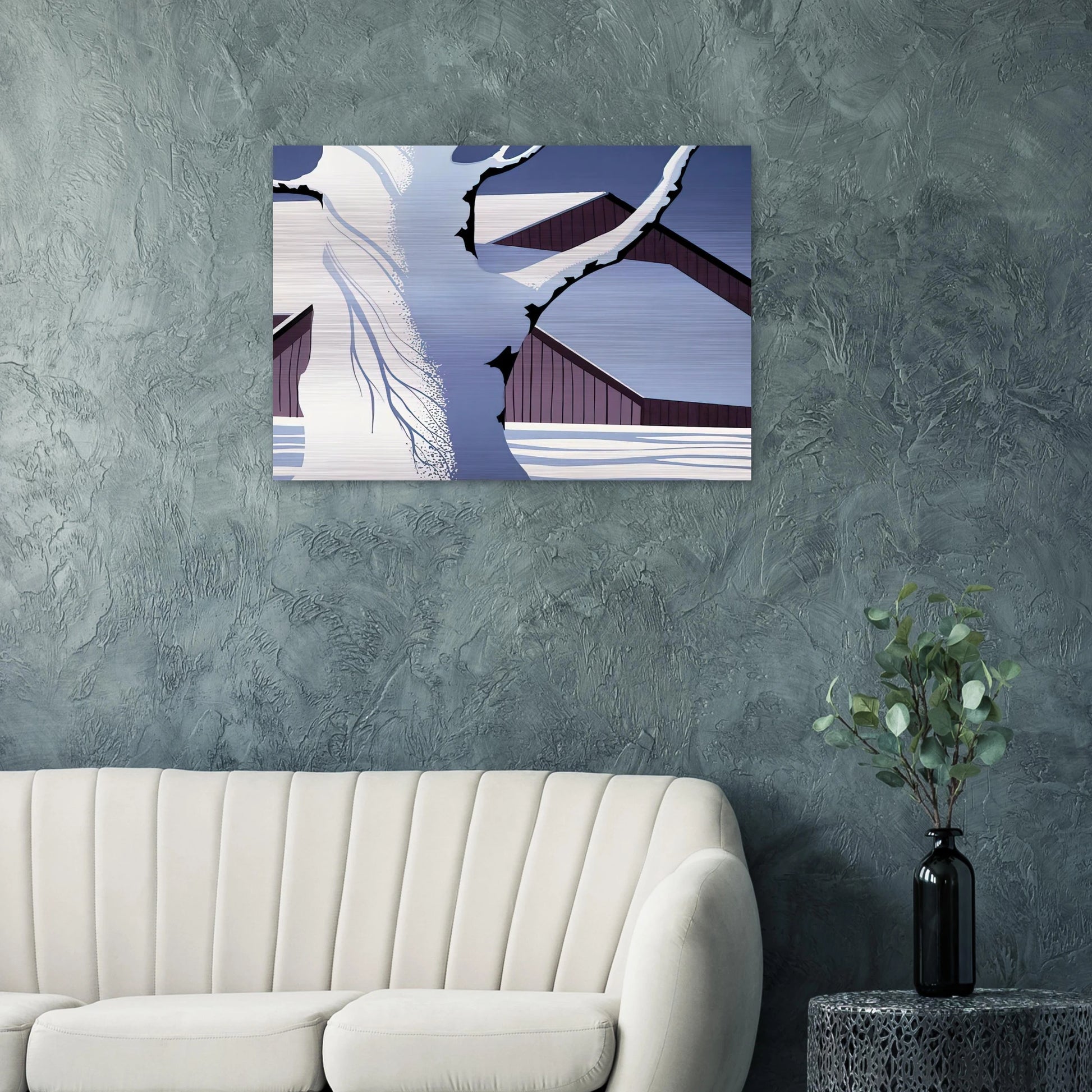 Red Barn and Tree Trunk - Eyvind Earle Brushed Aluminum Print - 70x100 cm / 28x40 inches | Eyvind Earle Aluminum Print | Eyvind Earle Prints