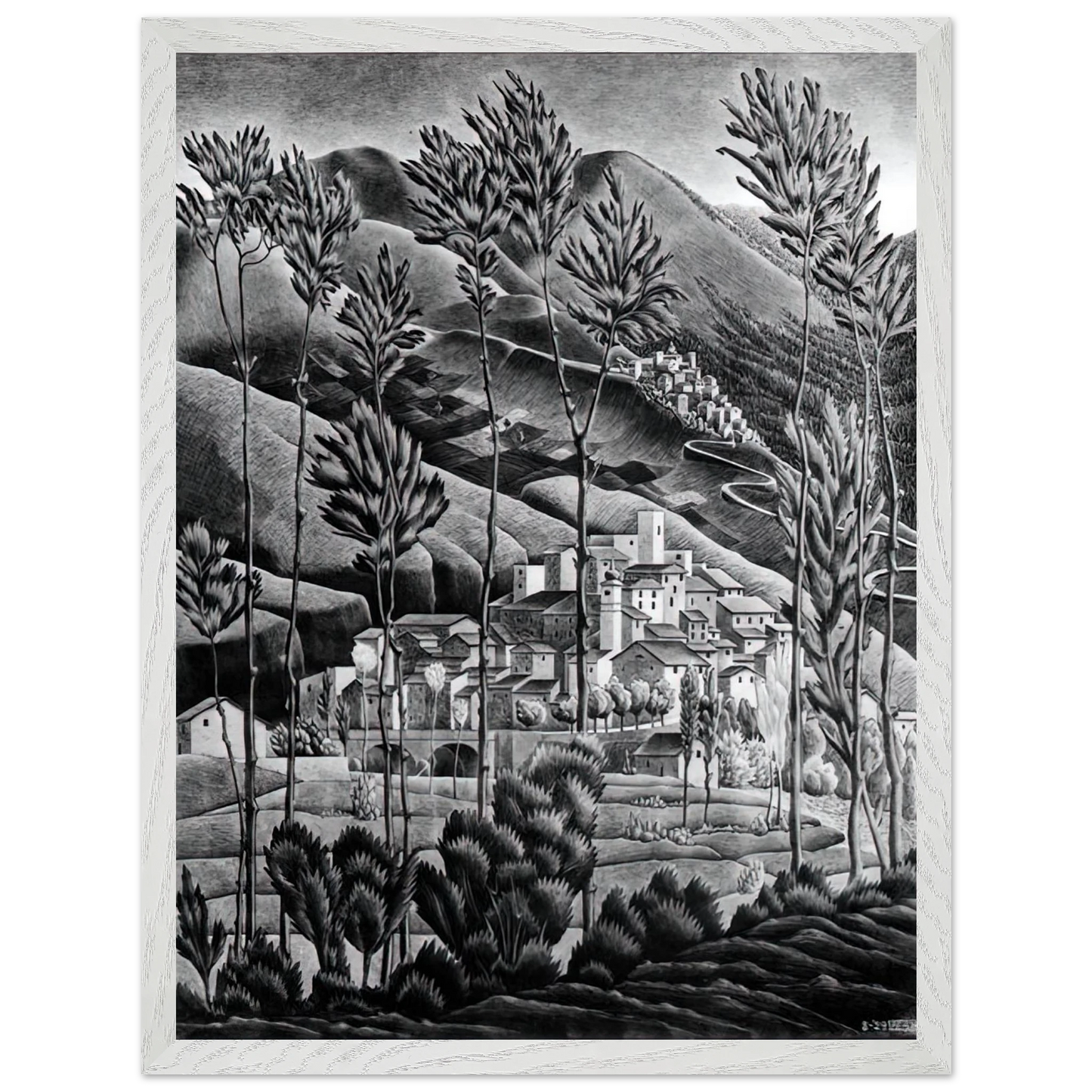 MC Escher - ALFEDENA ABRUZZI Wall Art - 30x40 cm / 12x16 inches - Premium Wooden Framed Poster With Fine Art Paper - White frame