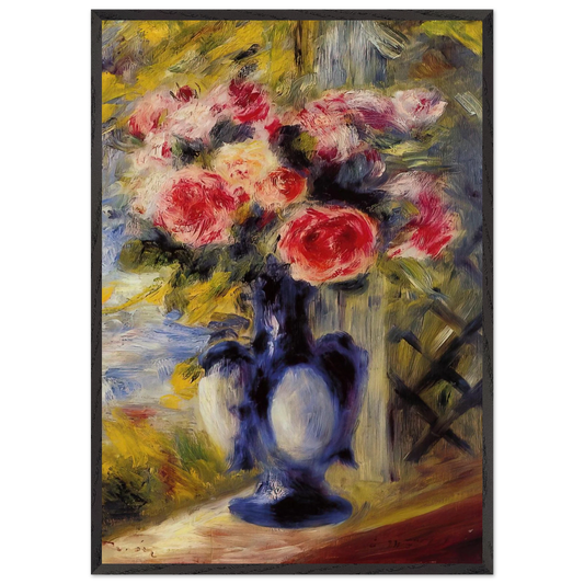 Bouquet of Roses in a Blue Vase - Pierre-Auguste Renoir 70x100 cm / 28x40 inches Framed Art Print – Black Wooden Frame