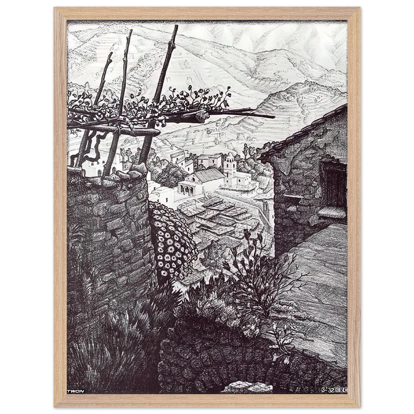 MC Escher - THE HAMLET OF TURELLO SOUTHERN ITALY Wall Art - 21x29.7 cm / 8x12" - Premium Wooden Framed Poster With Fine Art Paper-canvas - Wood frame