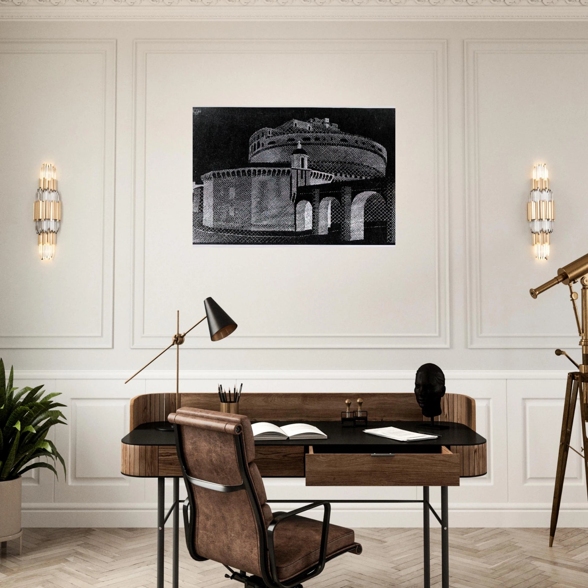 NOCTURNAL ROME CASTEL SANT ANGELO - MC Escher Brushed Aluminum Print - 70x100 cm / 28x40 inches | MC Escher Aluminum Print | MC Escher Prints | Maurits Cornelis Escher Prints