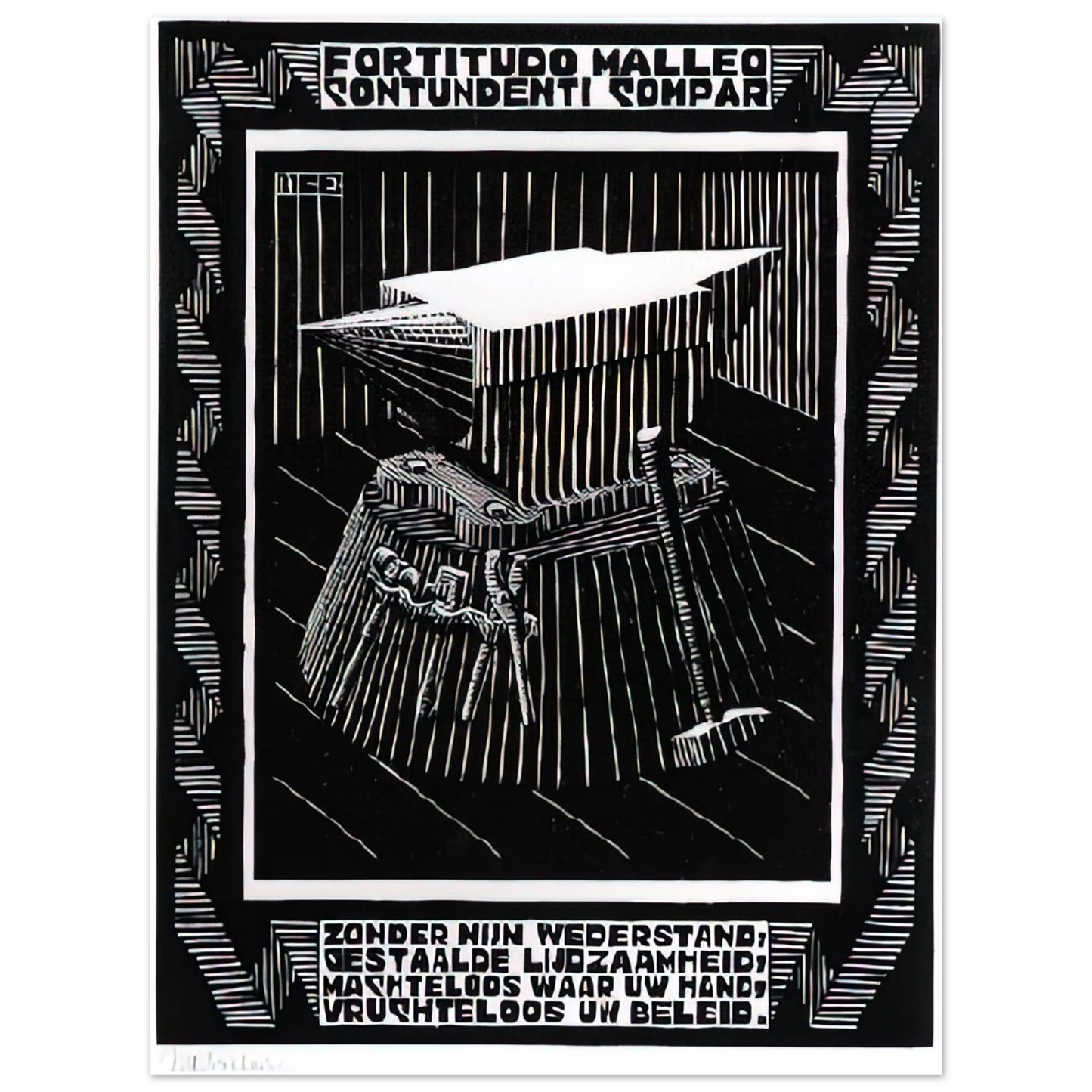 MC Escher - EMBLEMATA ANVIL Wall Art - 21x29.7 cm / 8x12" - Premium Wooden Framed Poster With Fine Art Paper - Black frame