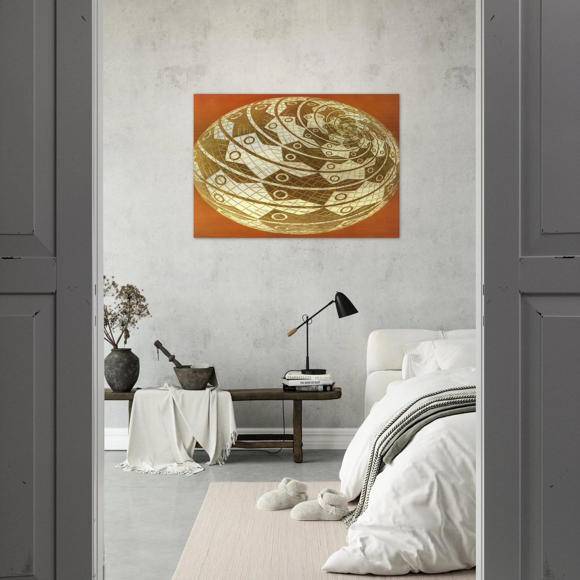 SPHERE SURFACE WITH FISHES COLOUR - MC Escher Brushed Aluminum Print - 70x100 cm / 28x40 inches | MC Escher Aluminum Print | MC Escher Prints