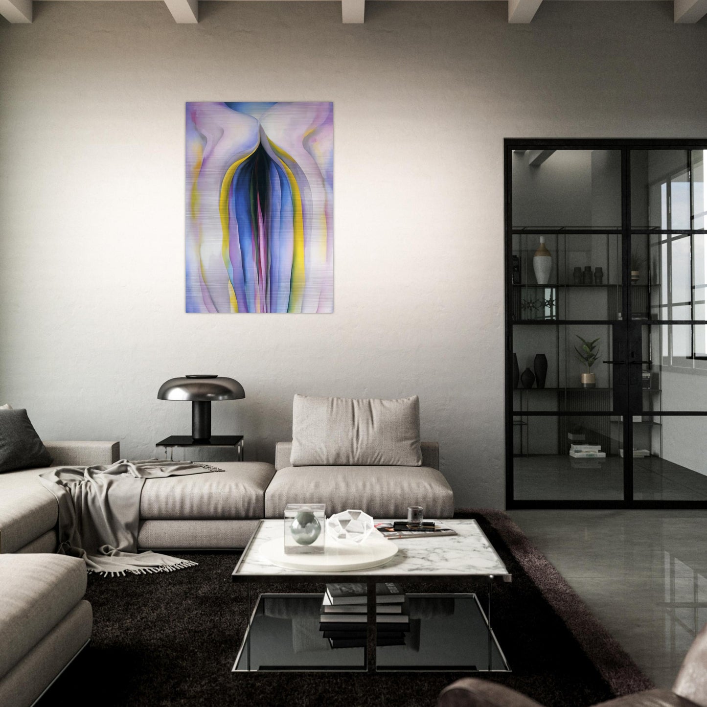 Grey Line With Black, Blue And Yellow - Georgia O'Keeffe Brushed Aluminum Print - 70x100 cm / 28x40 inches | Georgia O'Keeffe Aluminum Print | Georgia O'Keeffe Prints