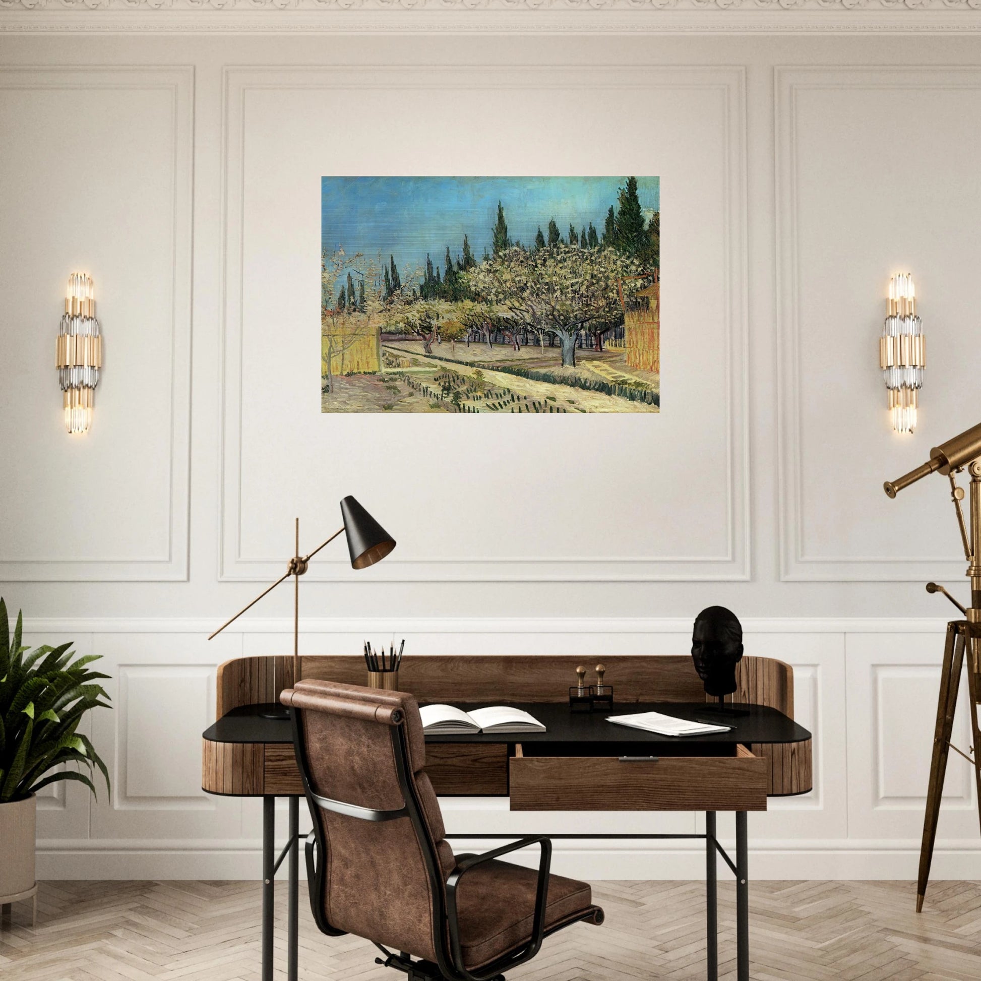 Orchard in Blossom, Bordered by Cypresses - Vincent van Gogh Brushed Aluminum Print - 70x100 cm / 28x40 inches | Vincent van Gogh Aluminum Print | Vincent van Gogh Prints