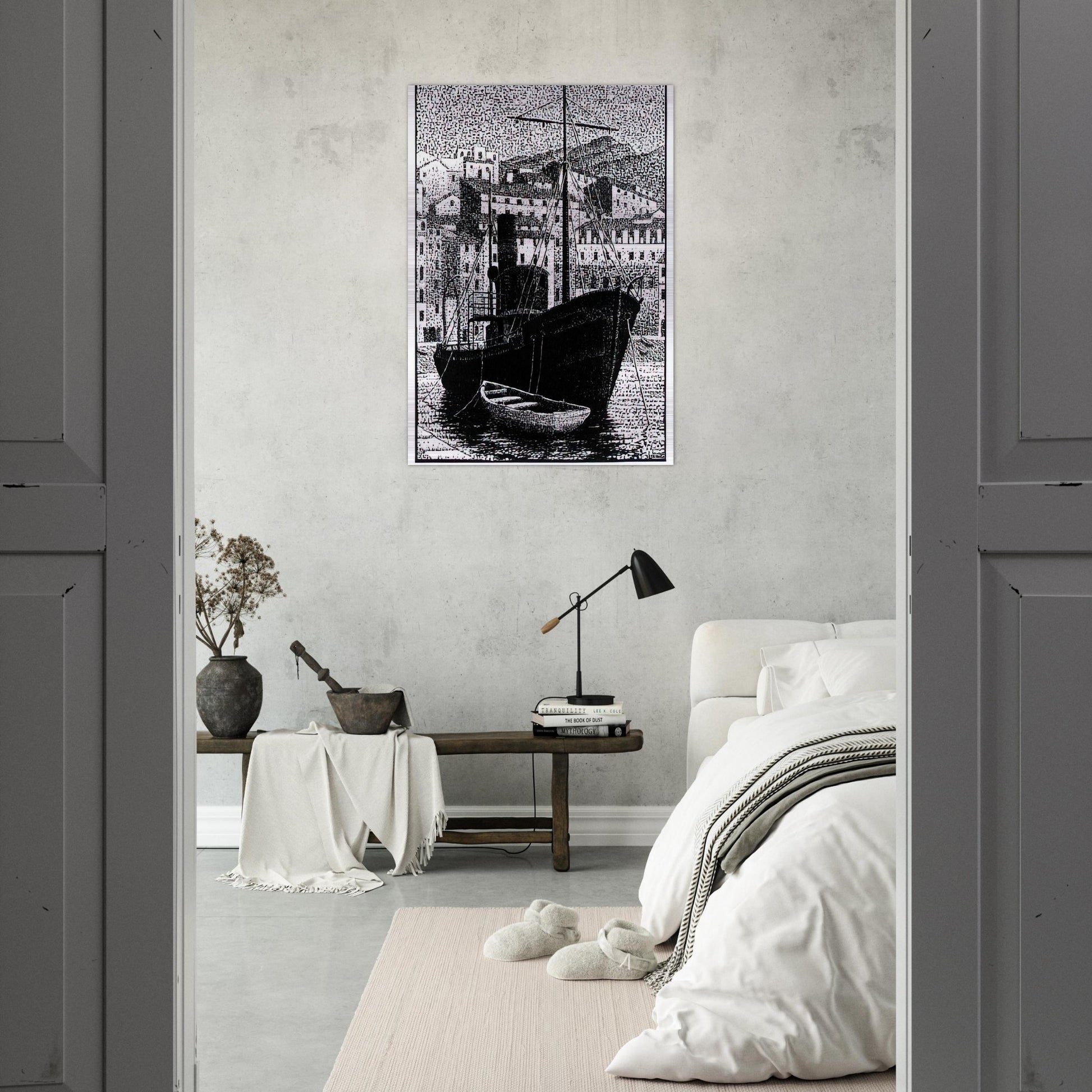 TUGBOAT OLD HARBOR OF BASTIA JANUARY 1934 1934 - MC Escher Brushed Aluminum Print - 70x100 cm / 28x40 inches | MC Escher Aluminum Print | MC Escher Prints