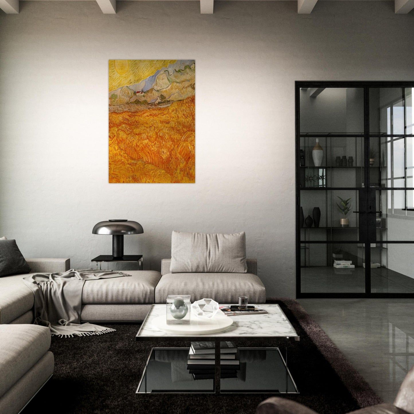 Wheat Field behind Saint Paul Hospital with a Reaper - Vincent van Gogh Brushed Aluminum Print - 70x100 cm / 28x40 inches | Vincent van Gogh Aluminum Print | Vincent van Gogh Prints