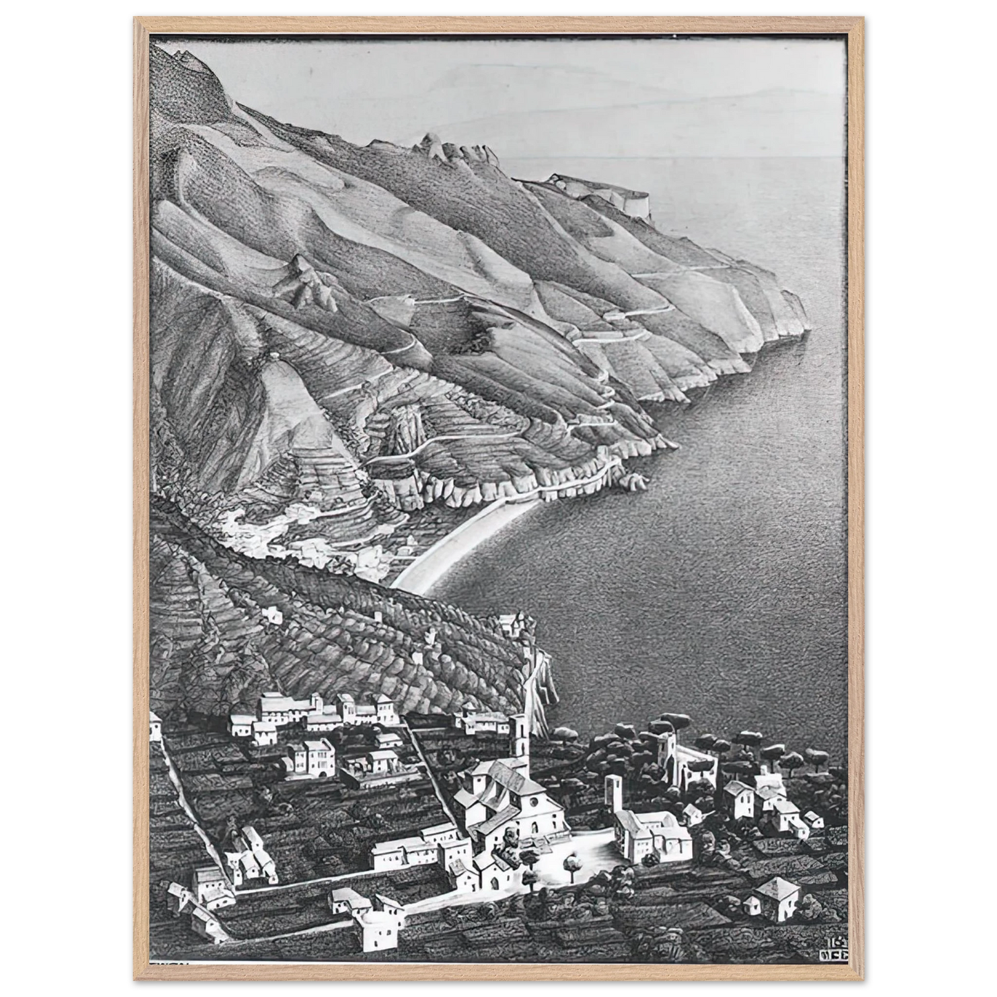 MC Escher - RAVELLO AND THE COAST OF AMALFI Wall Art - 60x80 cm / 24x32 inches - Premium Wooden Framed Poster With Fine Art Paper-canvas - Wood frame