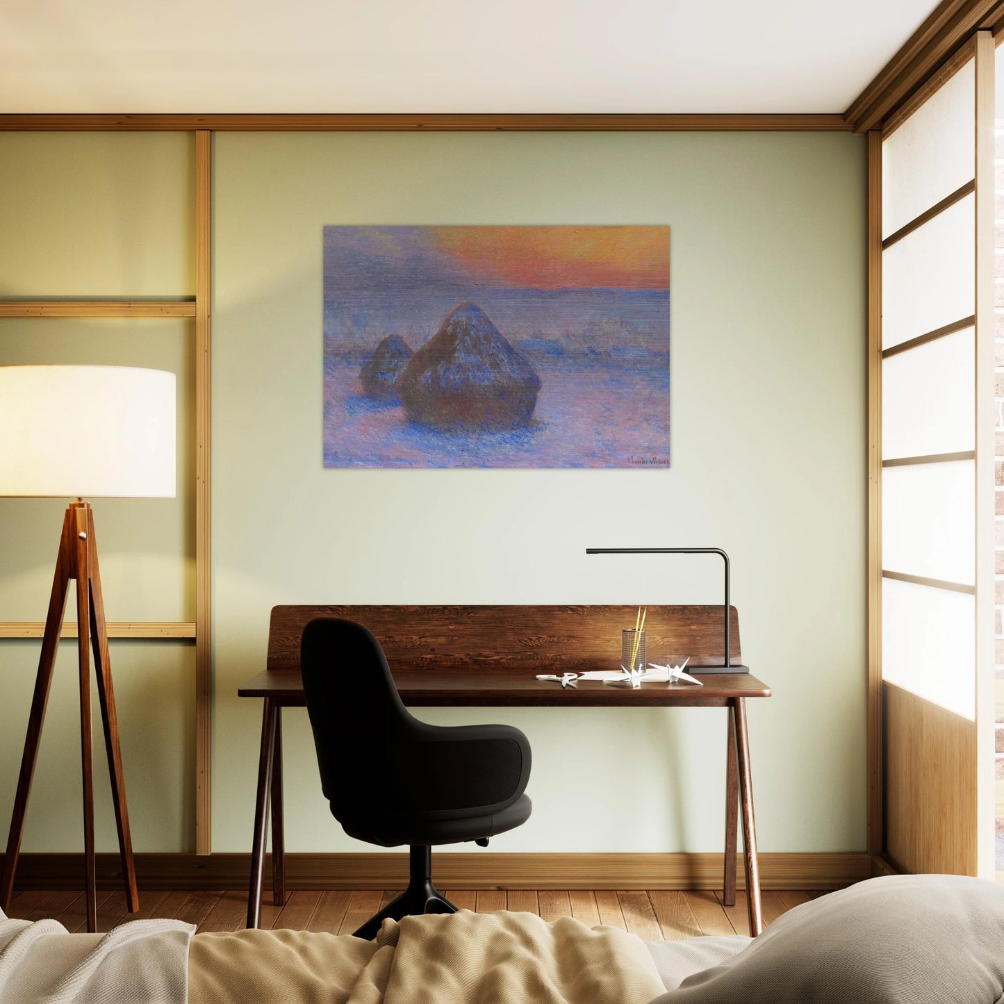 Stacks of Wheat Sunset, Snow Effect - claude monet Brushed Aluminum Print - 70x100 cm / 28x40 inches | claude monet Aluminum Print | claude monet Prints