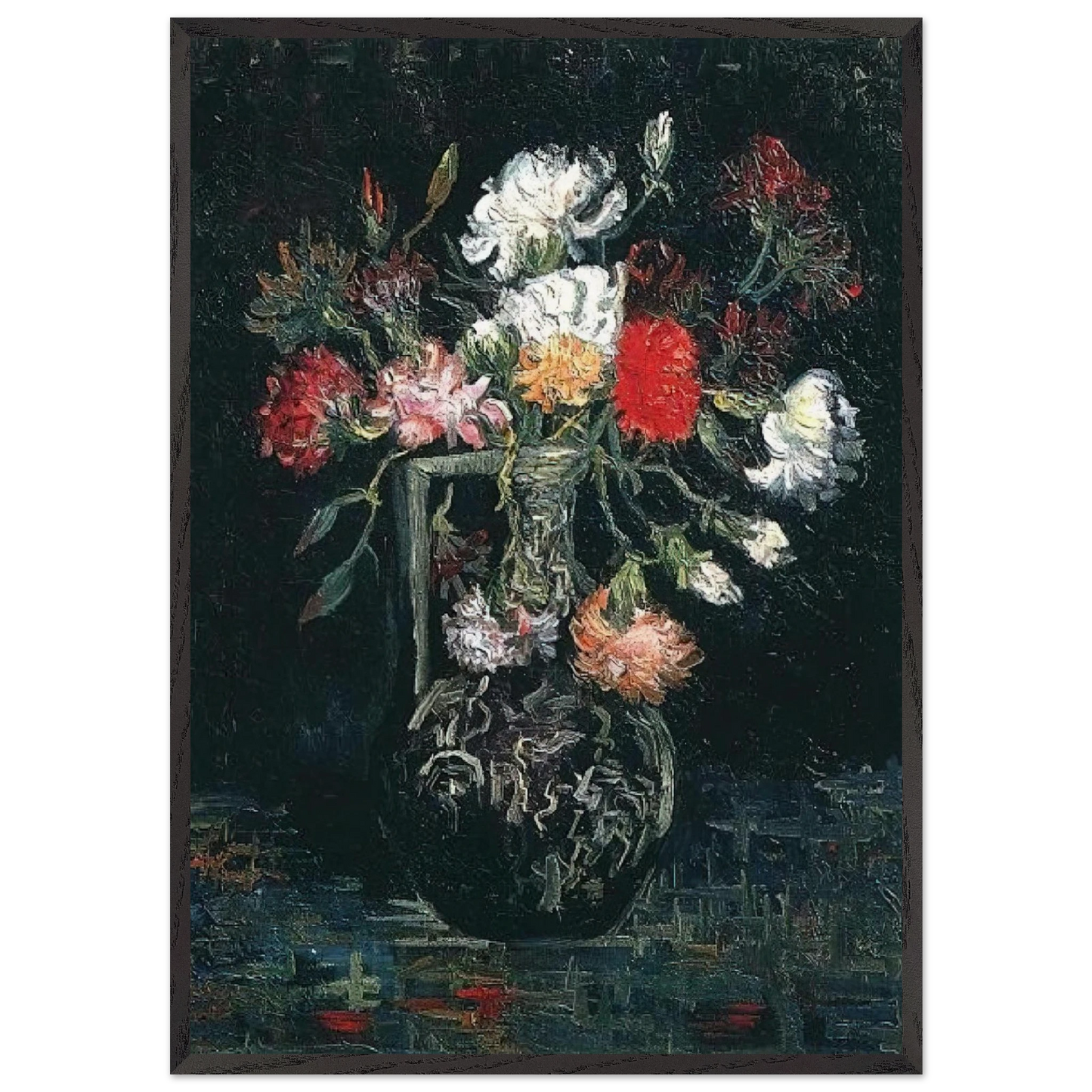 Vase with White and Red Carnations - Vincent van Gogh 70x100 cm / 28x40 inches Framed Art Print – Black Wooden Frame