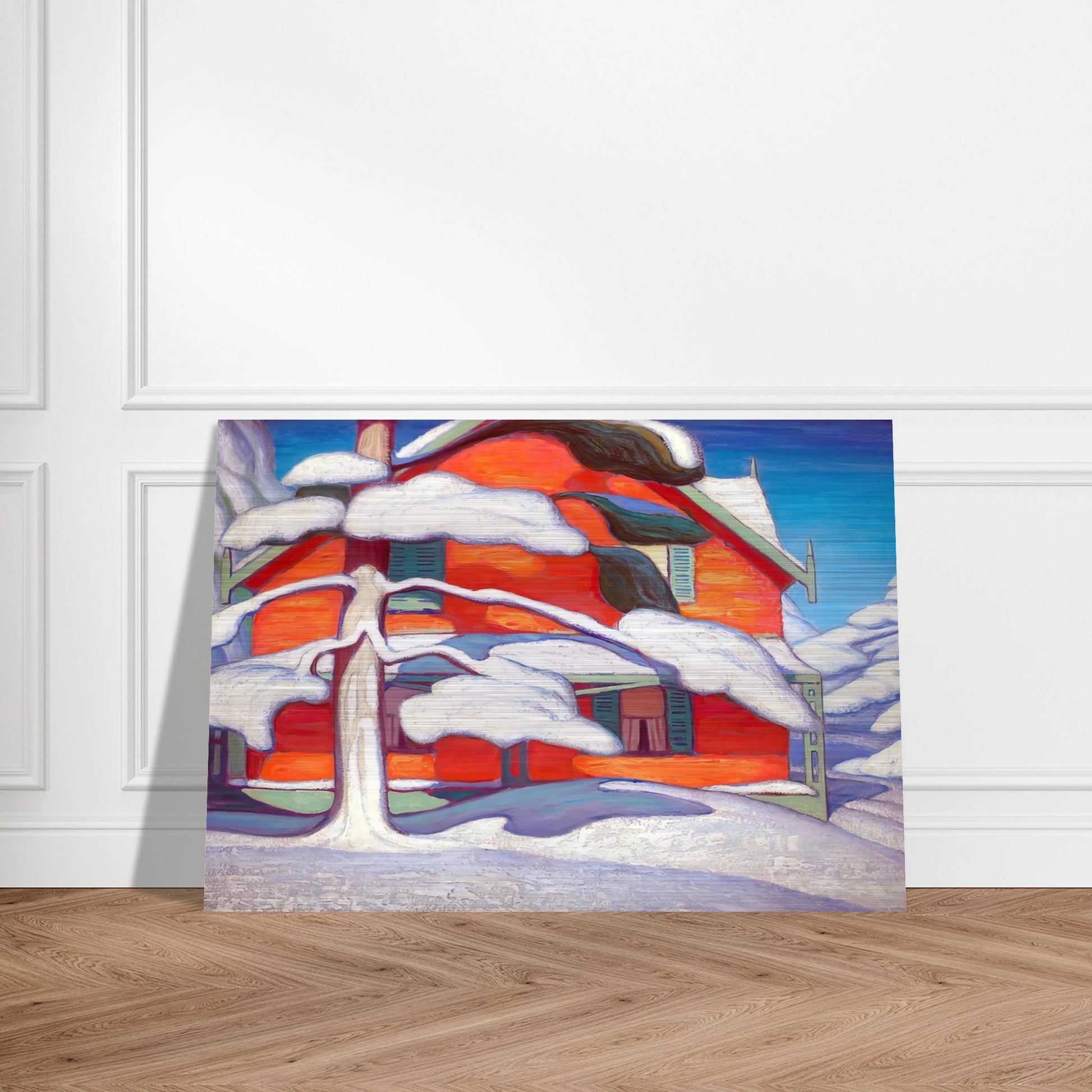 Pine Tree and Red House, Winter City - 1924 - Lawren Harris Brushed Aluminum Print - 70x100 cm / 28x40 inches | Lawren Harris Aluminum Print | Lawren Harris Prints
