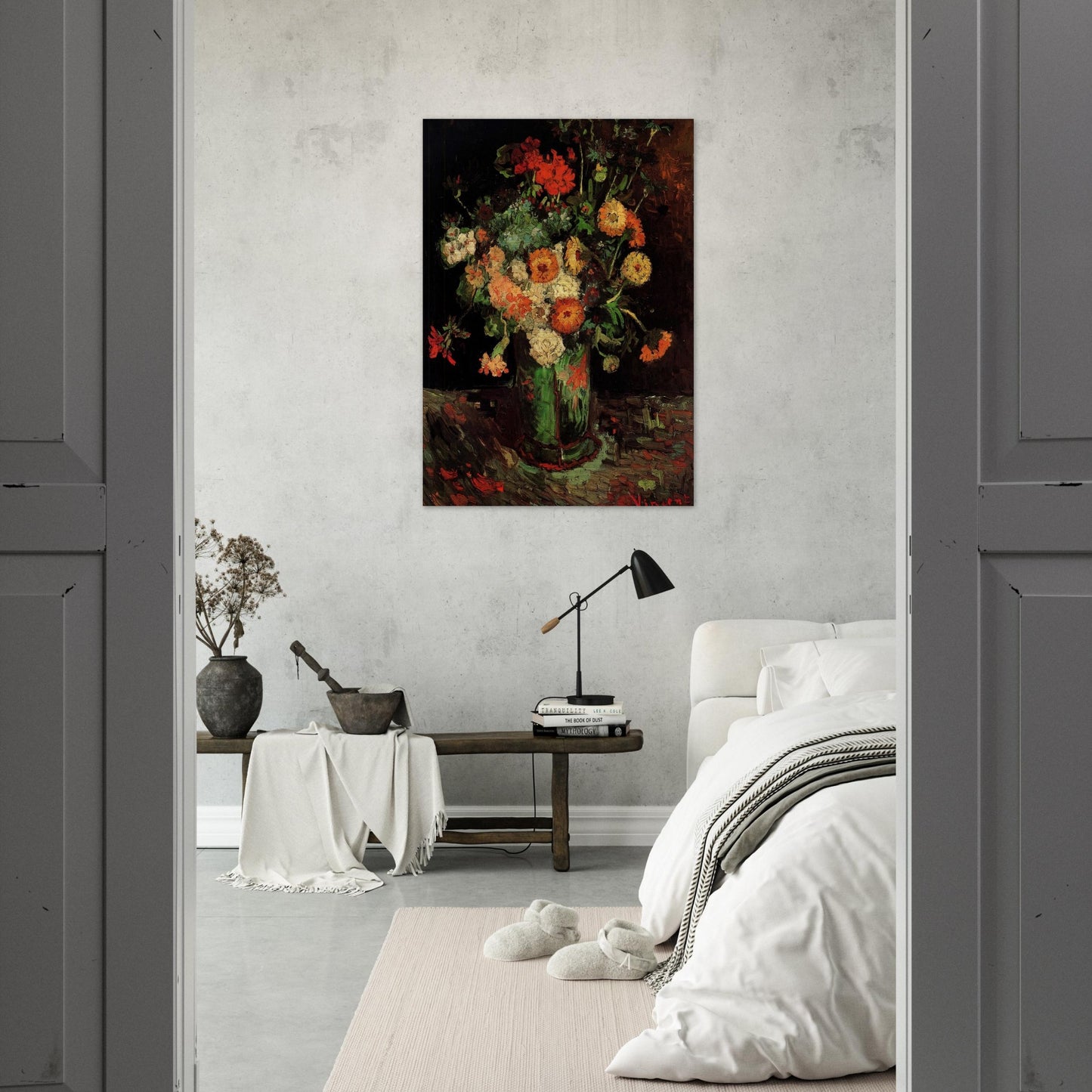 Vase with Zinnias and Geraniums - Vincent van Gogh Brushed Aluminum Print - 70x100 cm / 28x40 inches | Vincent van Gogh Aluminum Print | Vincent van Gogh Prints