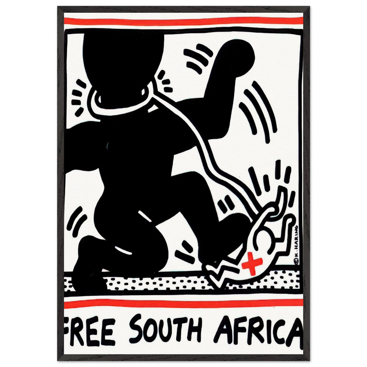 FREE SOUTH AFRICA 1985 N2 - Keith Haring 70x100 cm / 28x40 inches Framed Art Print – Black Wooden Frame